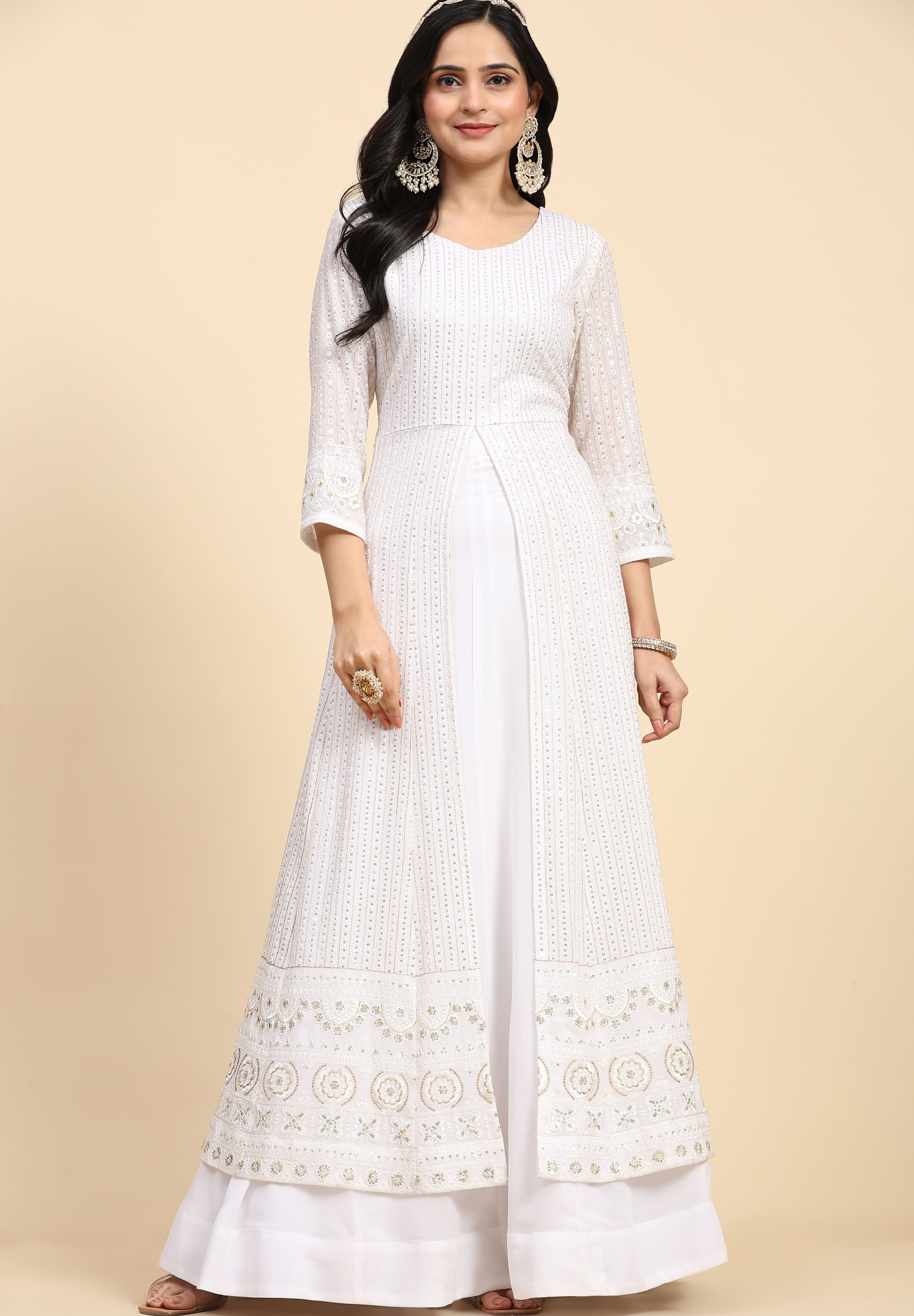 White  Georgette Embroidery Anarklai Suit Set Kurta Lehenga with Dupatta Kurta Set for Women's Trendmallsin