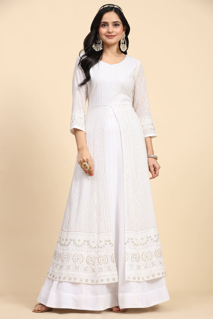 White  Georgette Embroidery Anarklai Suit Set Kurta Lehenga with Dupatta Kurta Set for Women's Trendmallsin