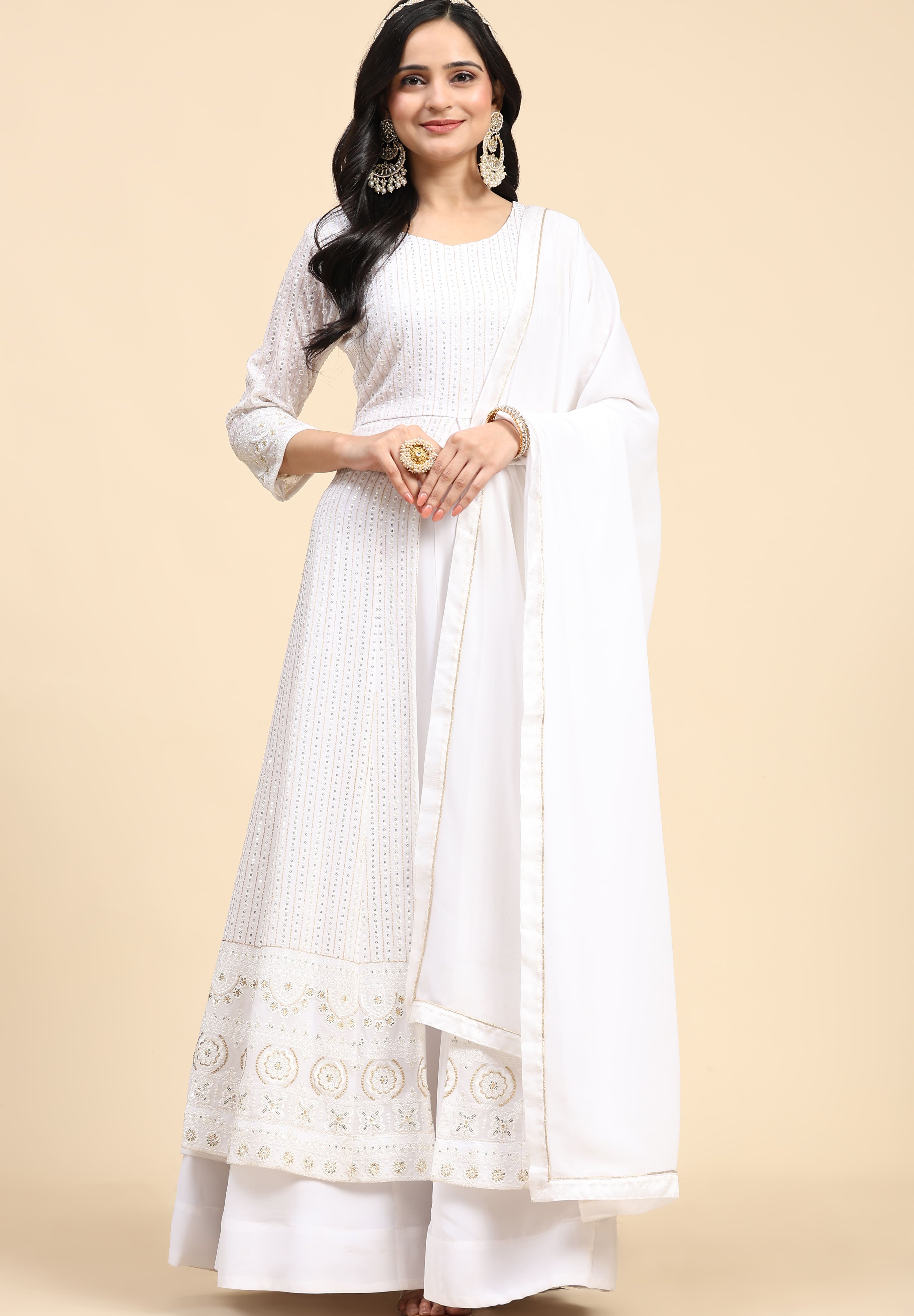 White  Georgette Embroidery Anarklai Suit Set Kurta Lehenga with Dupatta Kurta Set for Women's Trendmallsin