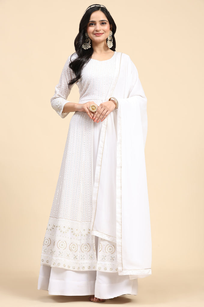 White  Georgette Embroidery Anarklai Suit Set Kurta Lehenga with Dupatta Kurta Set for Women's Trendmallsin