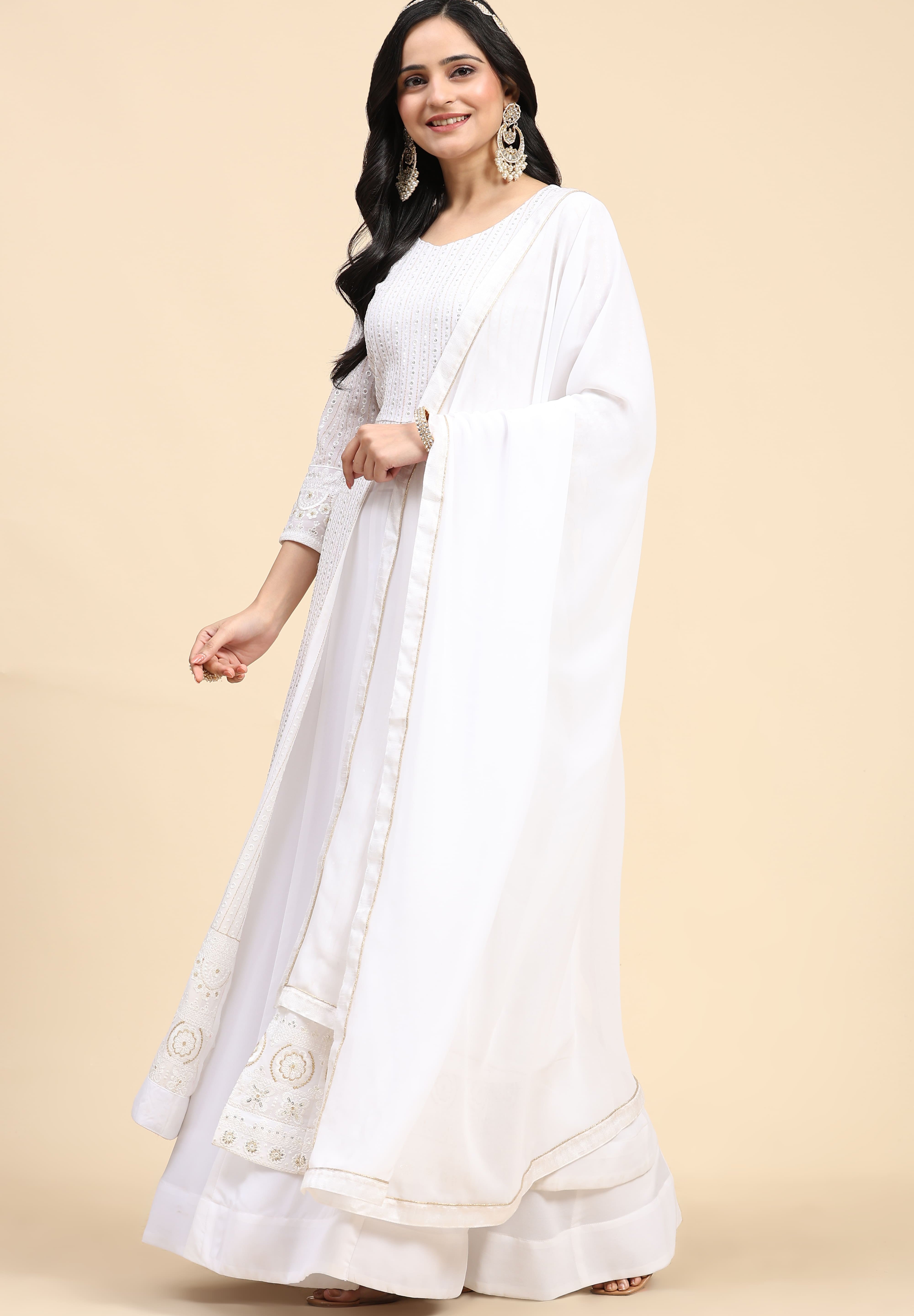 White  Georgette Embroidery Anarklai Suit Set Kurta Lehenga with Dupatta Kurta Set for Women's Trendmallsin