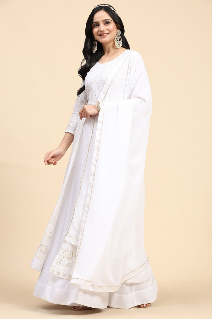 White  Georgette Embroidery Anarklai Suit Set Kurta Lehenga with Dupatta Kurta Set for Women's Trendmallsin