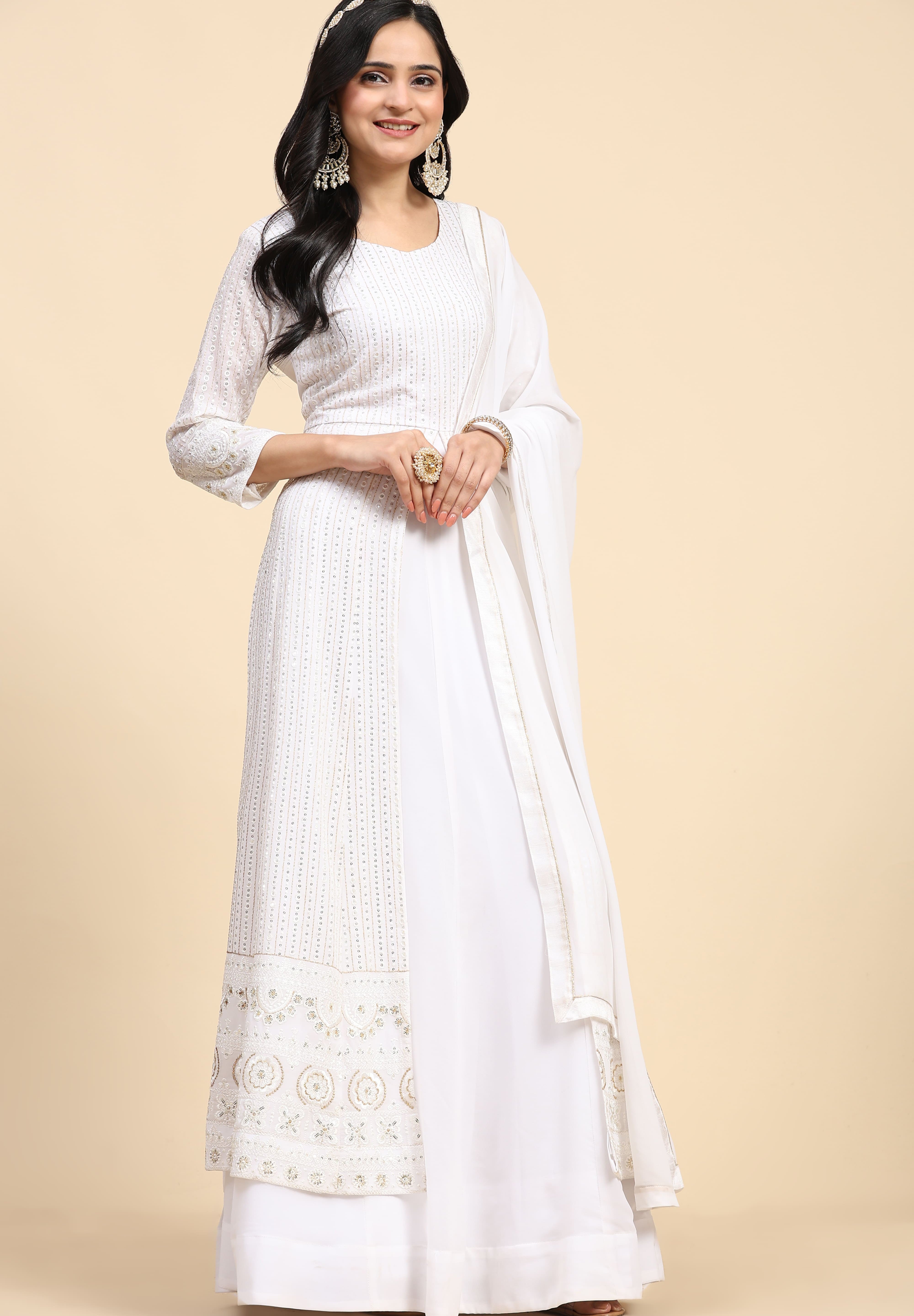 White  Georgette Embroidery Anarklai Suit Set Kurta Lehenga with Dupatta Kurta Set for Women's Trendmallsin