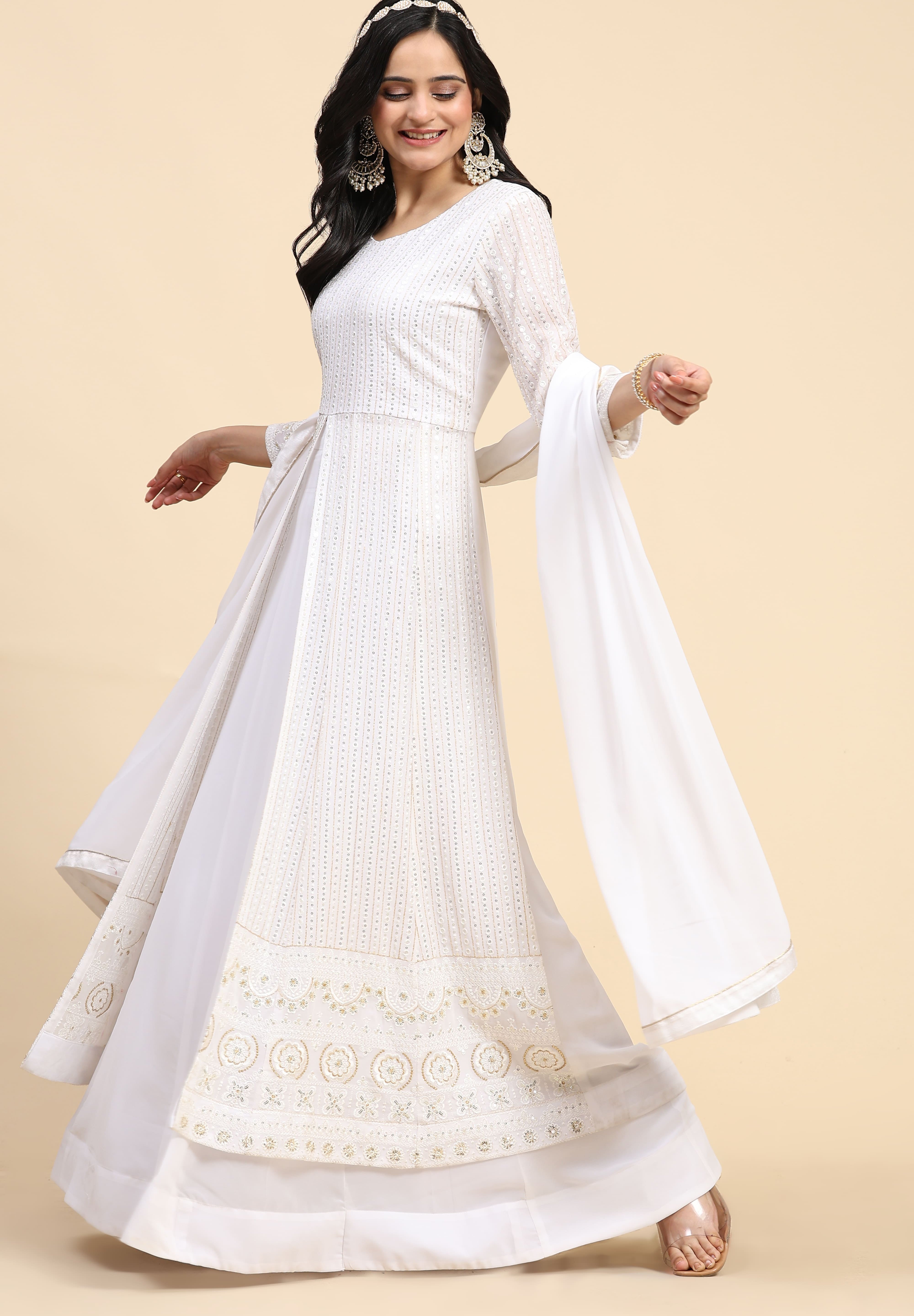 White  Georgette Embroidery Anarklai Suit Set Kurta Lehenga with Dupatta Kurta Set for Women's Trendmallsin