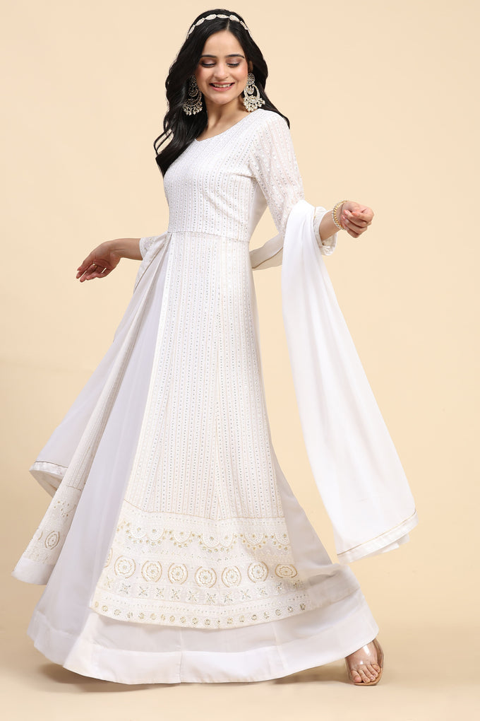 White  Georgette Embroidery Anarklai Suit Set Kurta Lehenga with Dupatta Kurta Set for Women's Trendmallsin