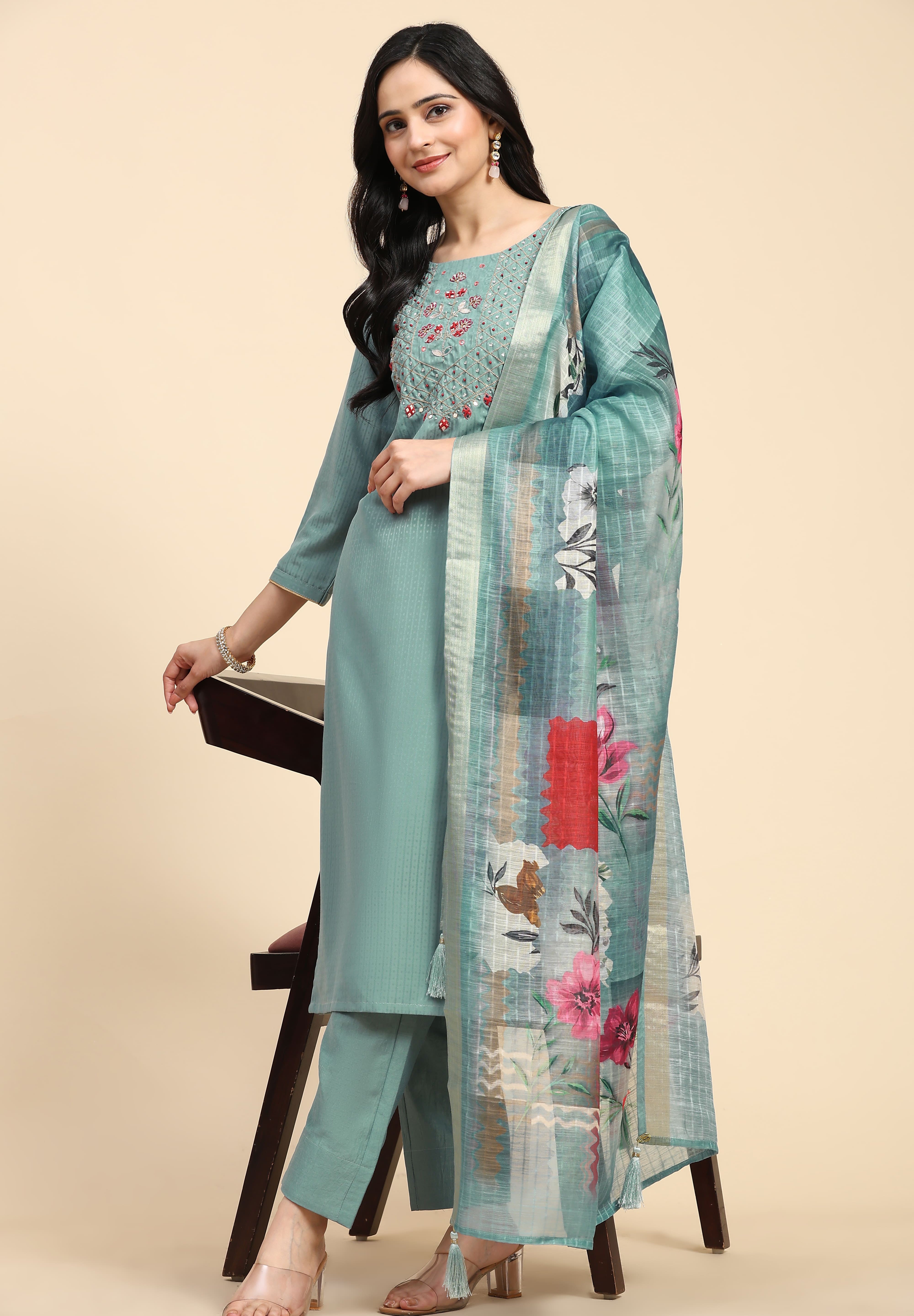 LightGreen Cotton Hand work Salwar Suit Set with Printed Dupatta  for Women's Trendmallsin