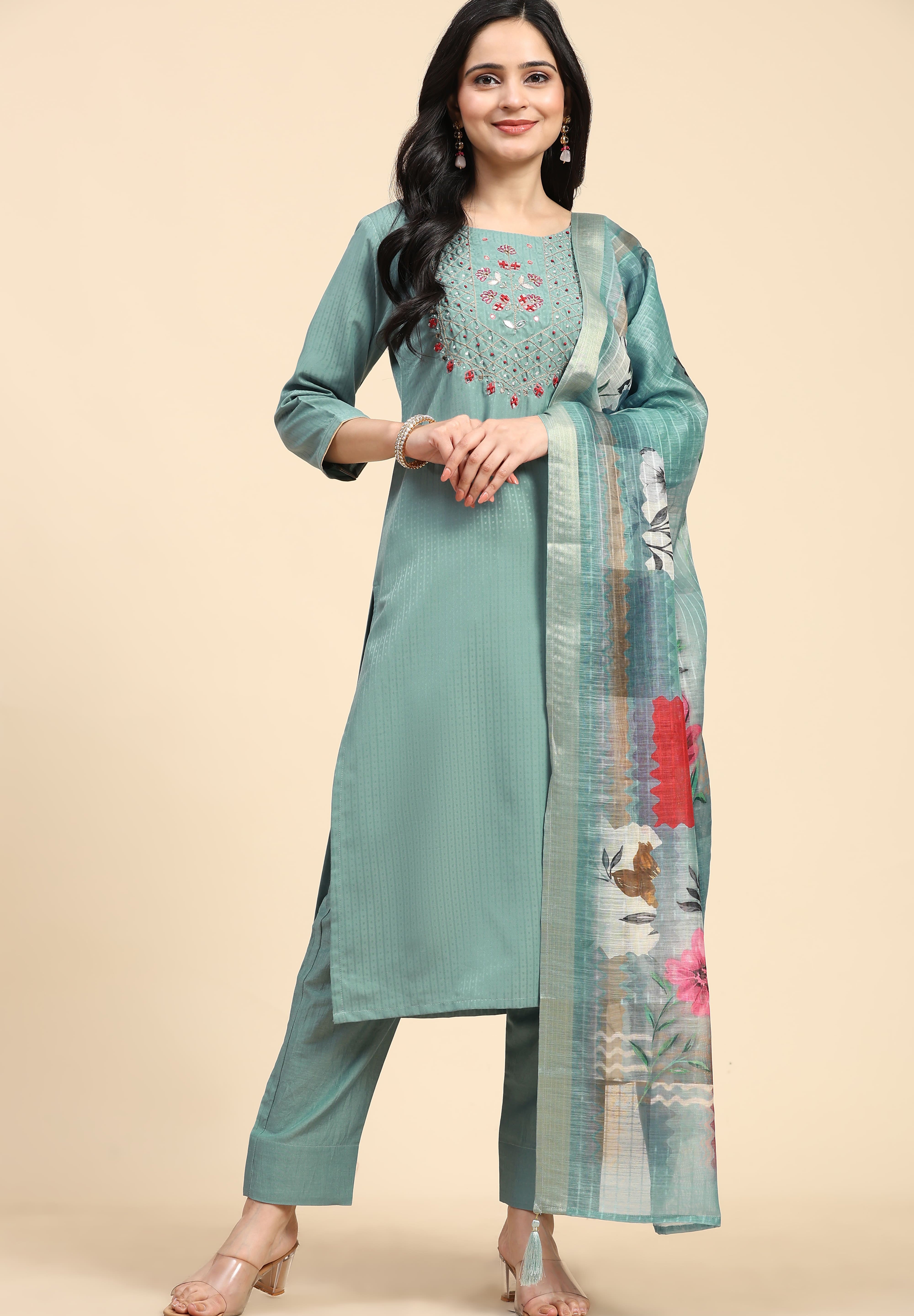 LightGreen Cotton Hand work Salwar Suit Set with Printed Dupatta  for Women's Trendmallsin