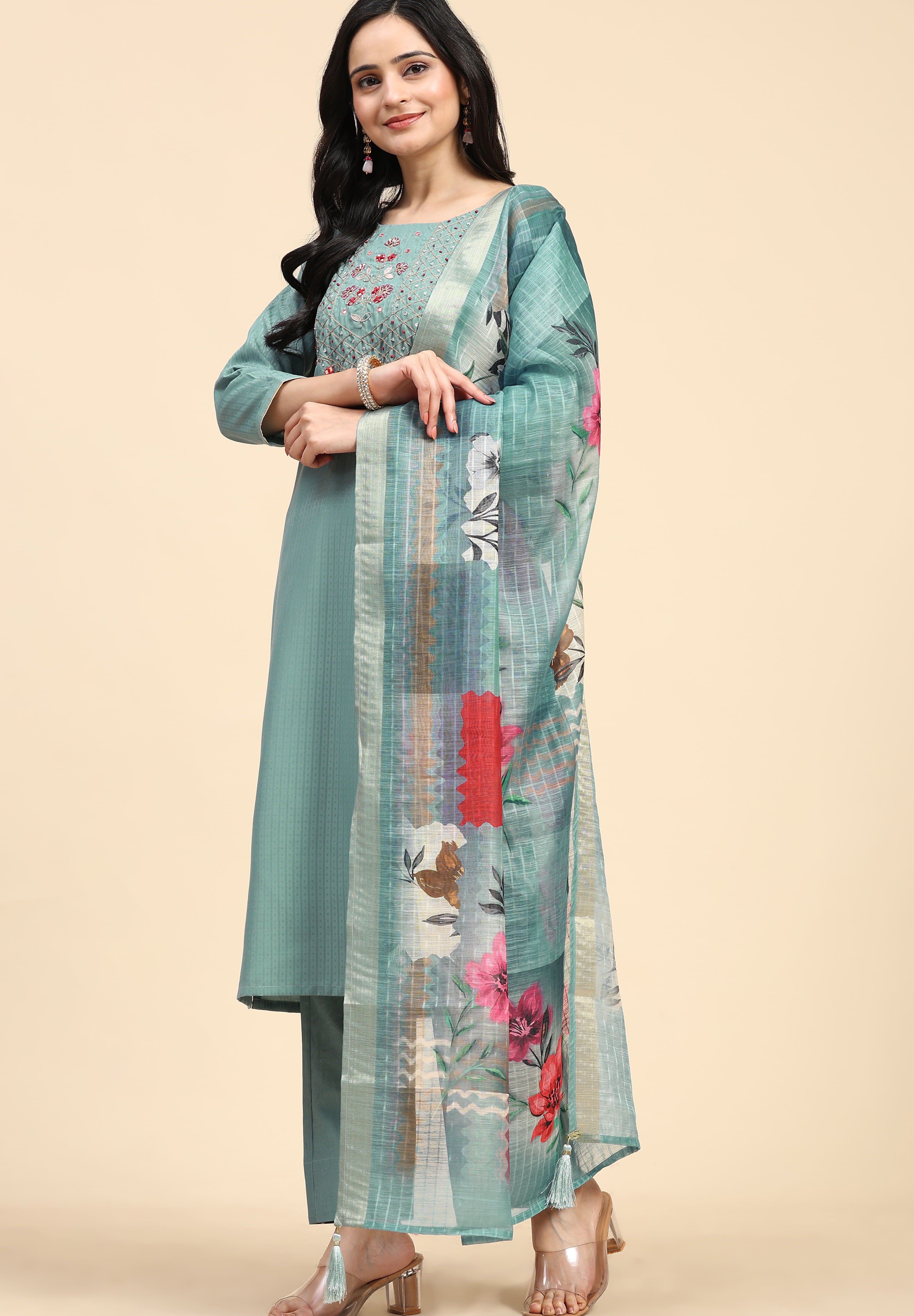 LightGreen Cotton Hand work Salwar Suit Set with Printed Dupatta  for Women's Trendmallsin