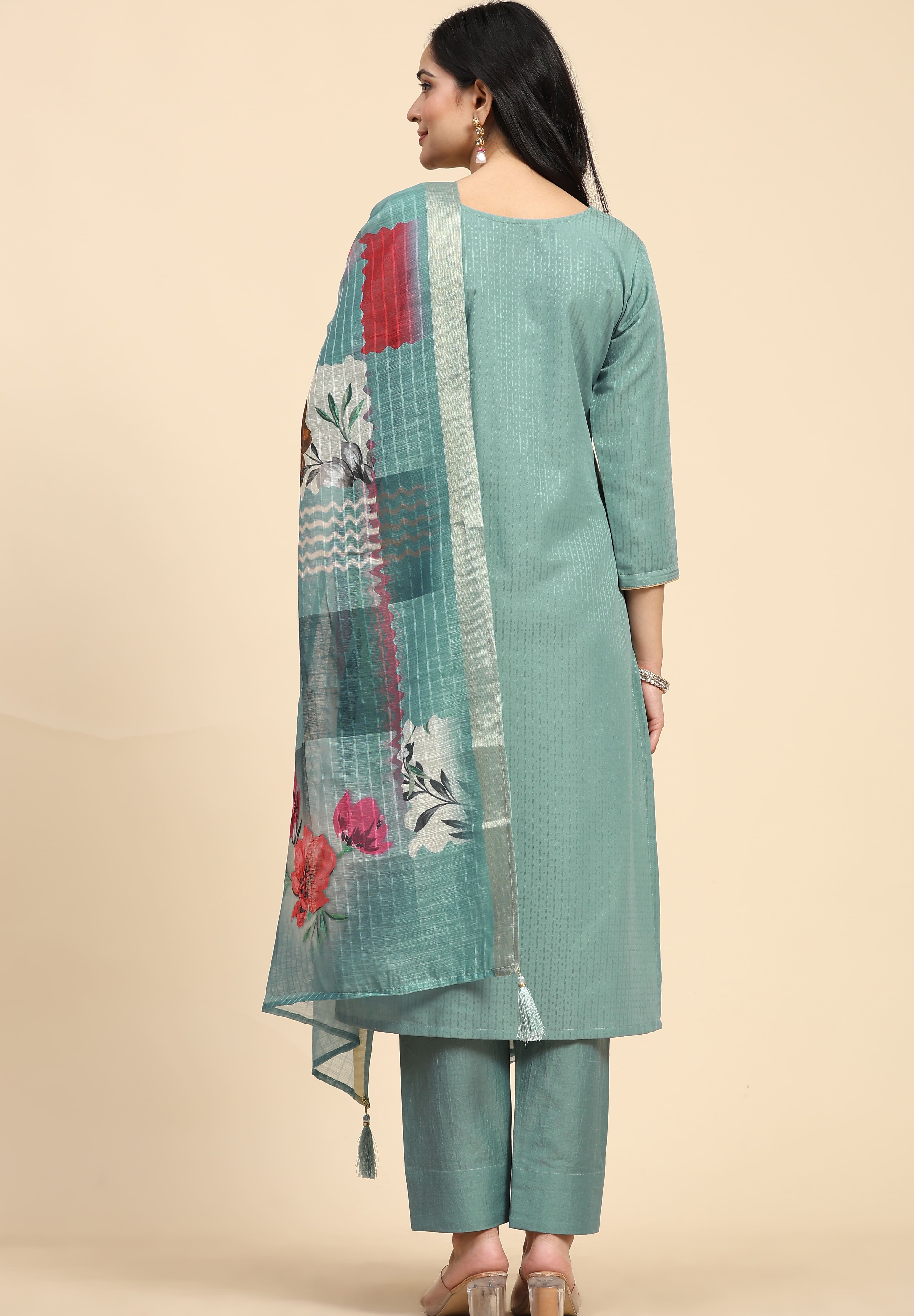 LightGreen Cotton Hand work Salwar Suit Set with Printed Dupatta  for Women's Trendmallsin
