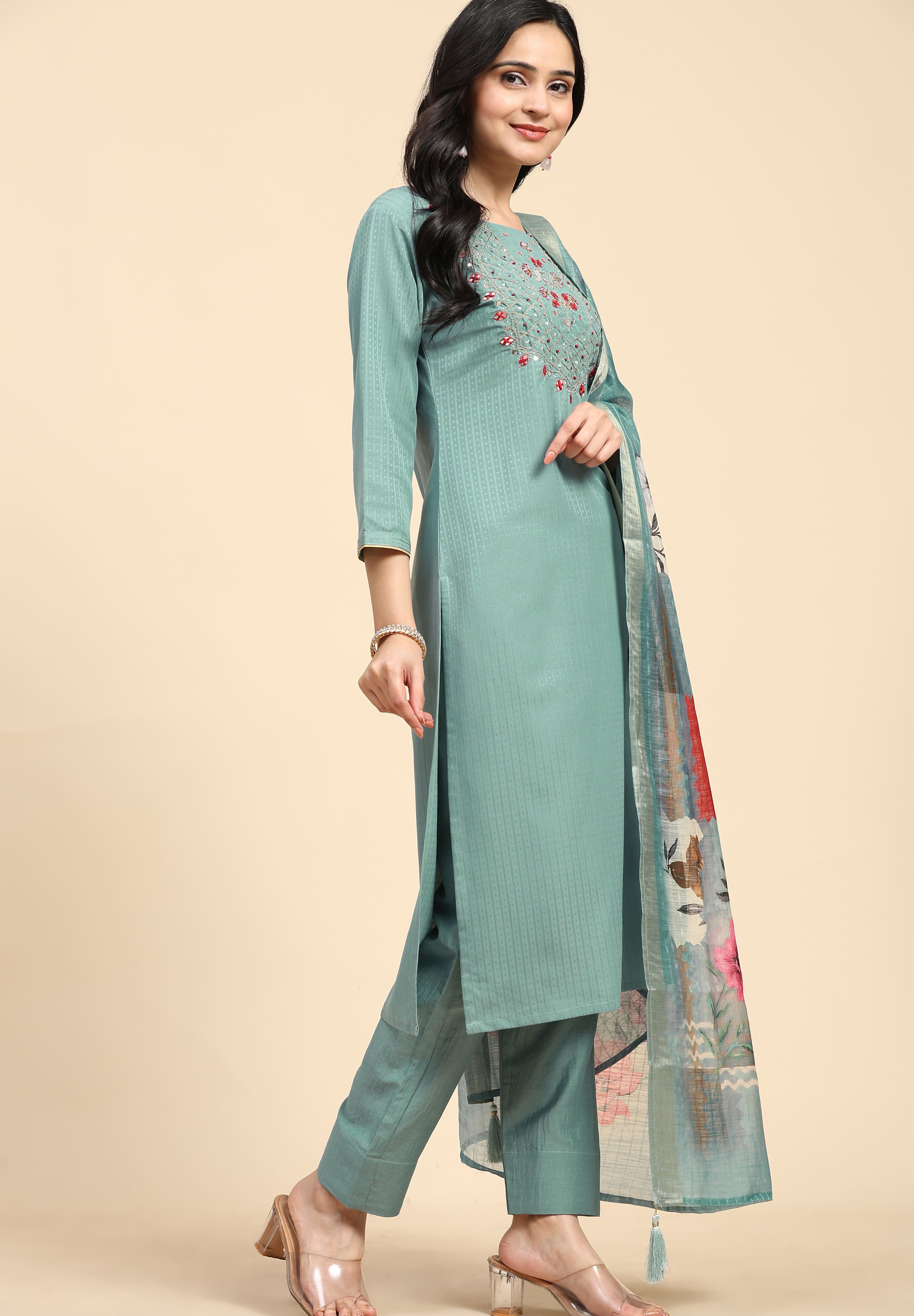 LightGreen Cotton Hand work Salwar Suit Set with Printed Dupatta  for Women's Trendmallsin