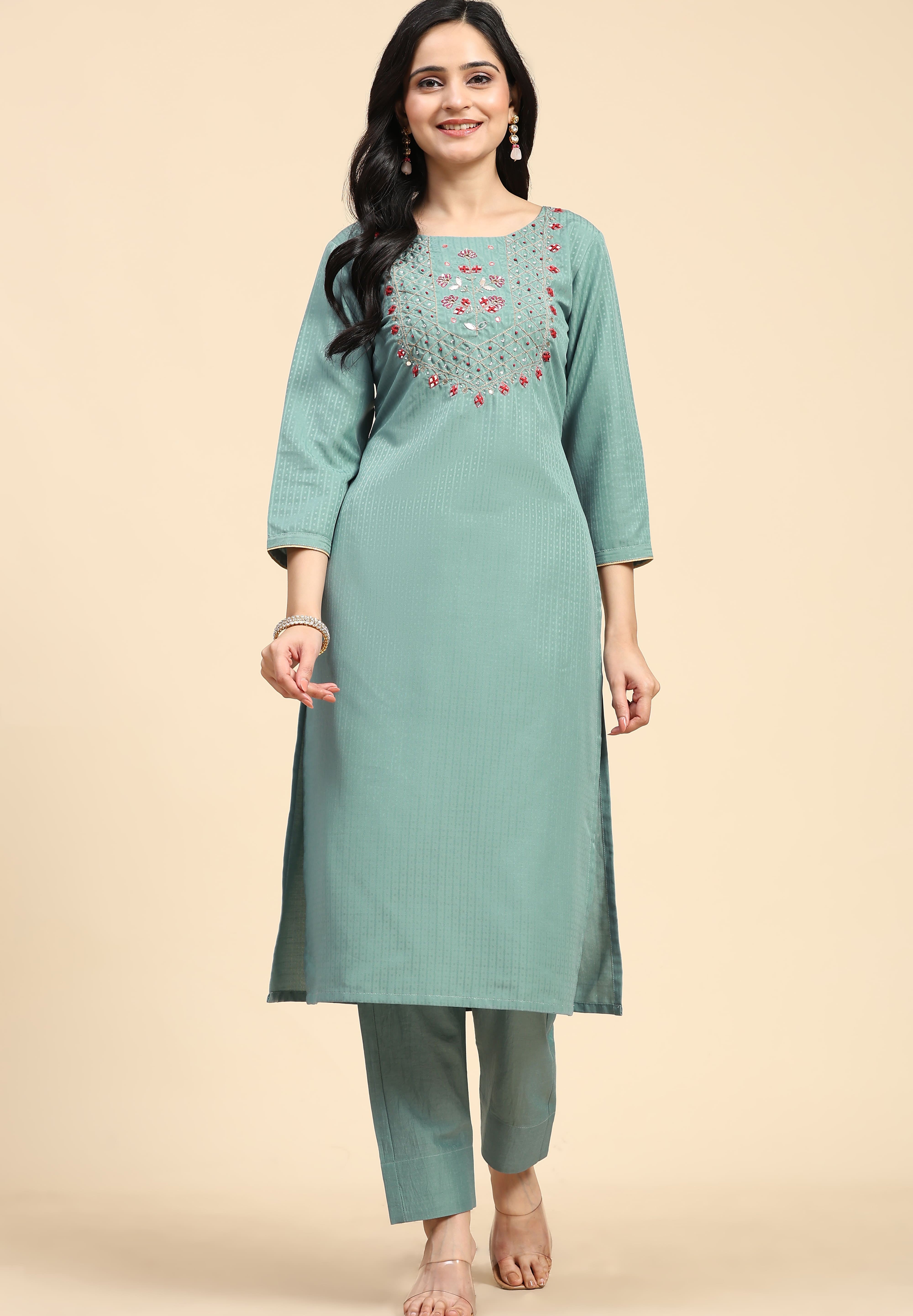 LightGreen Cotton Hand work Salwar Suit Set with Printed Dupatta  for Women's Trendmallsin