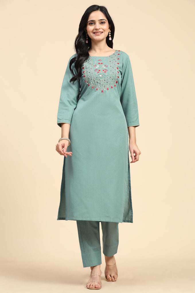 LightGreen Cotton Hand work Salwar Suit Set with Printed Dupatta  for Women's Trendmallsin