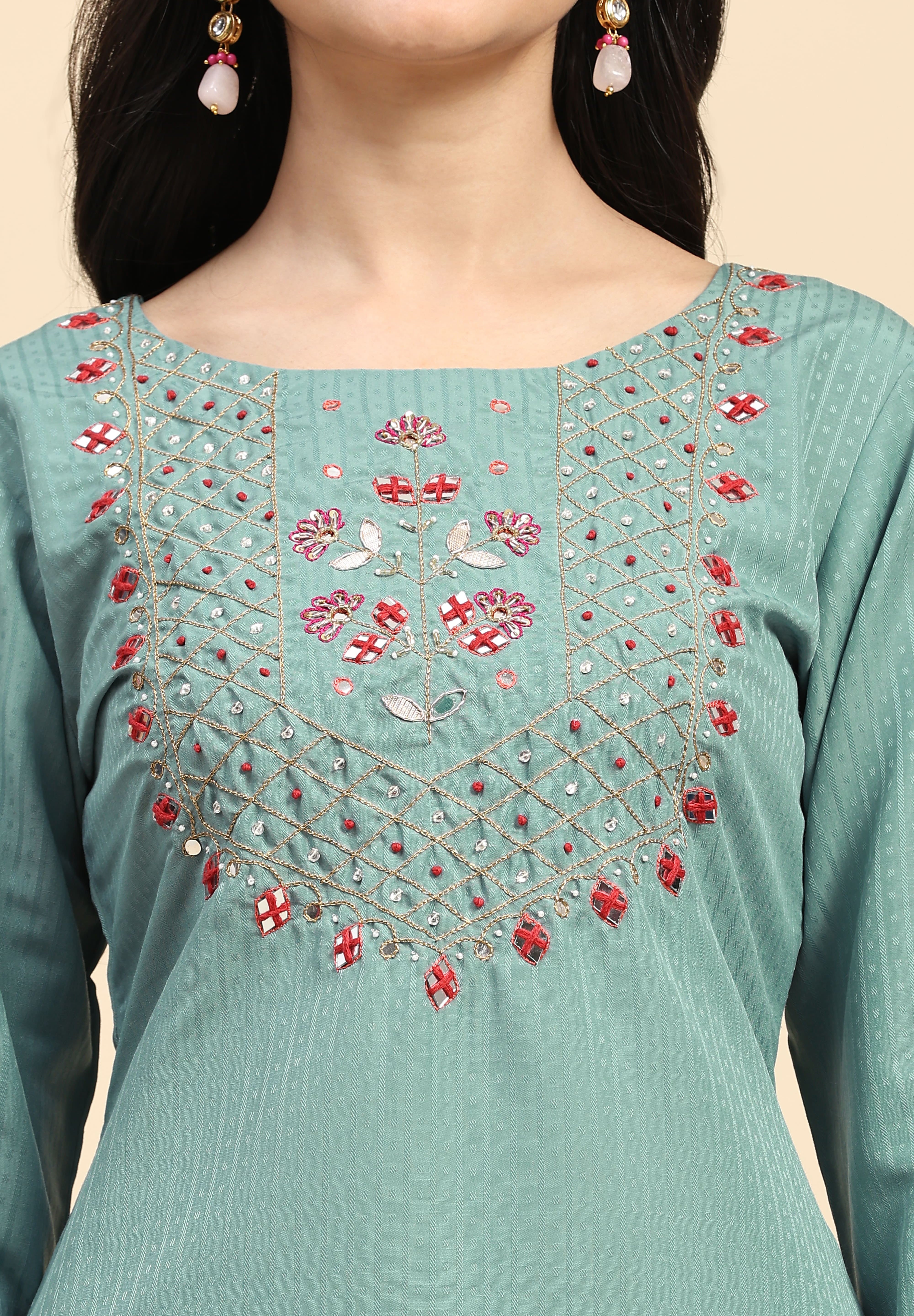LightGreen Cotton Hand work Salwar Suit Set with Printed Dupatta  for Women's Trendmallsin