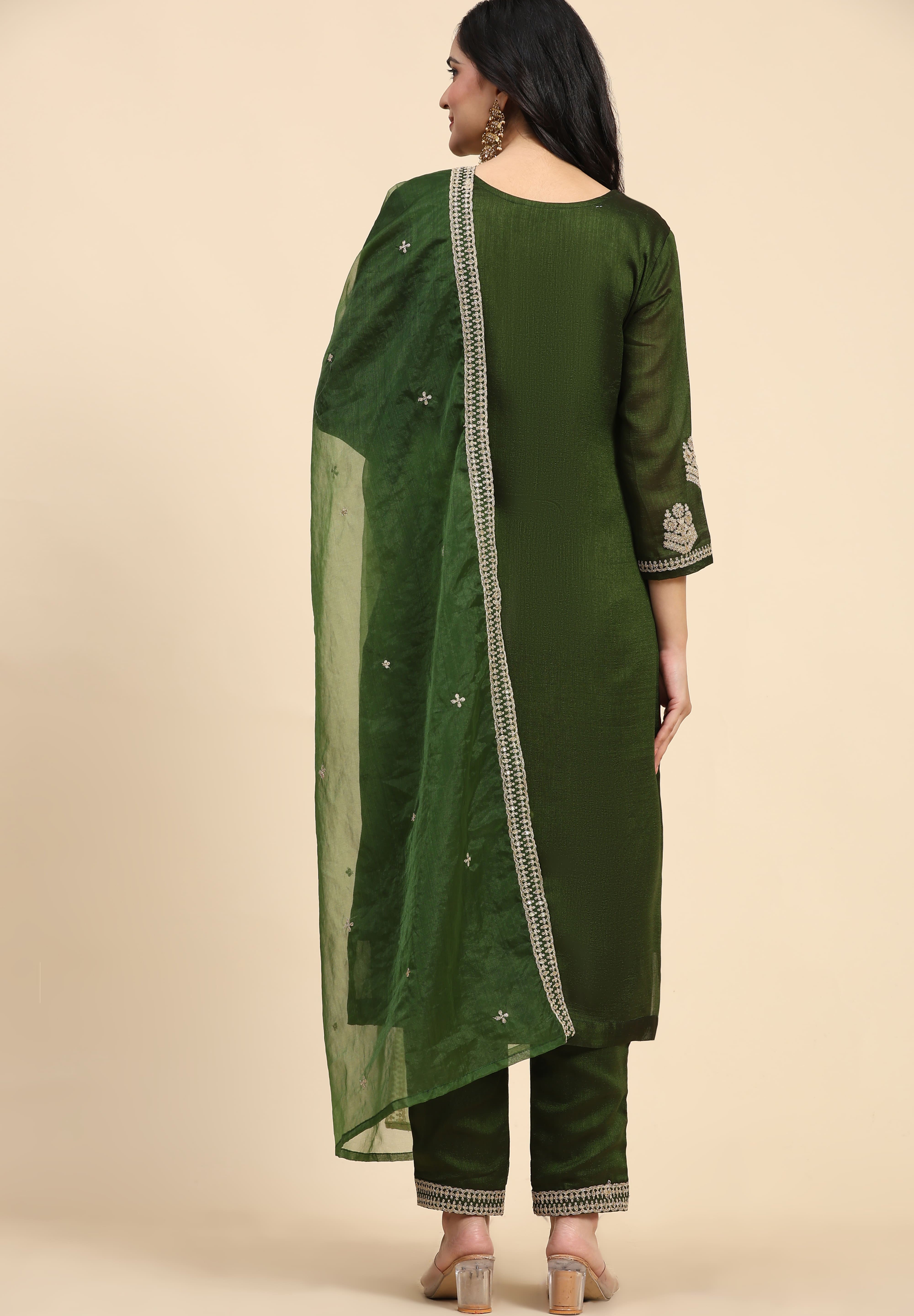 Green Vichitra Silk Embroidery Salwar Suit Set with Dupatta for Women's Trendmallsin