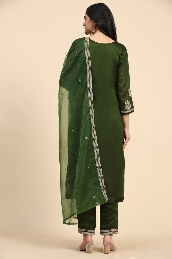 Green Vichitra Silk Embroidery Salwar Suit Set with Dupatta for Women's Trendmallsin