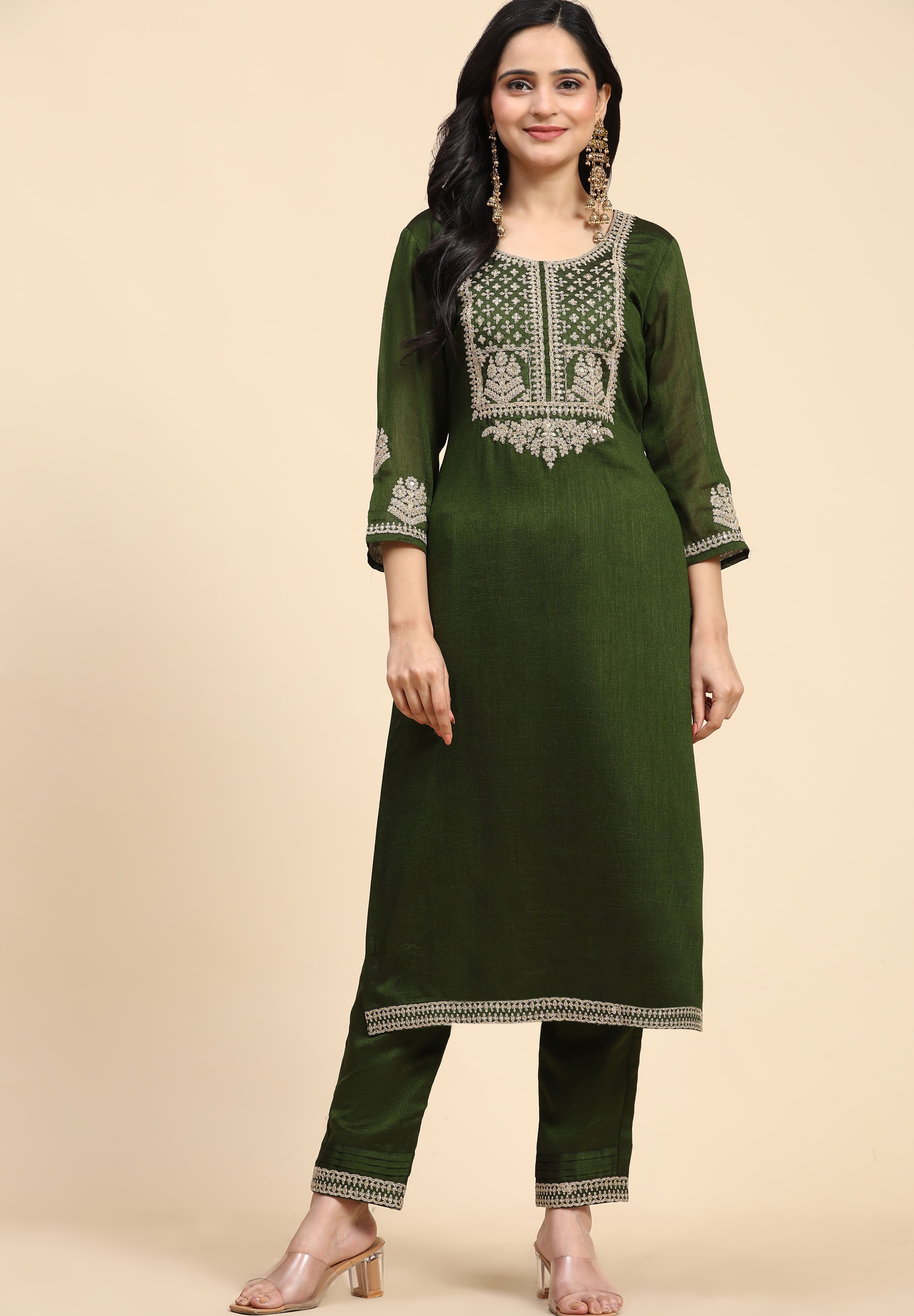 Green Vichitra Silk Embroidery Salwar Suit Set with Dupatta for Women's Trendmallsin