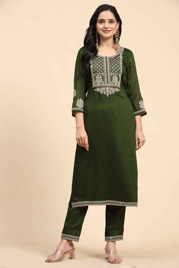 Green Vichitra Silk Embroidery Salwar Suit Set with Dupatta for Women's Trendmallsin