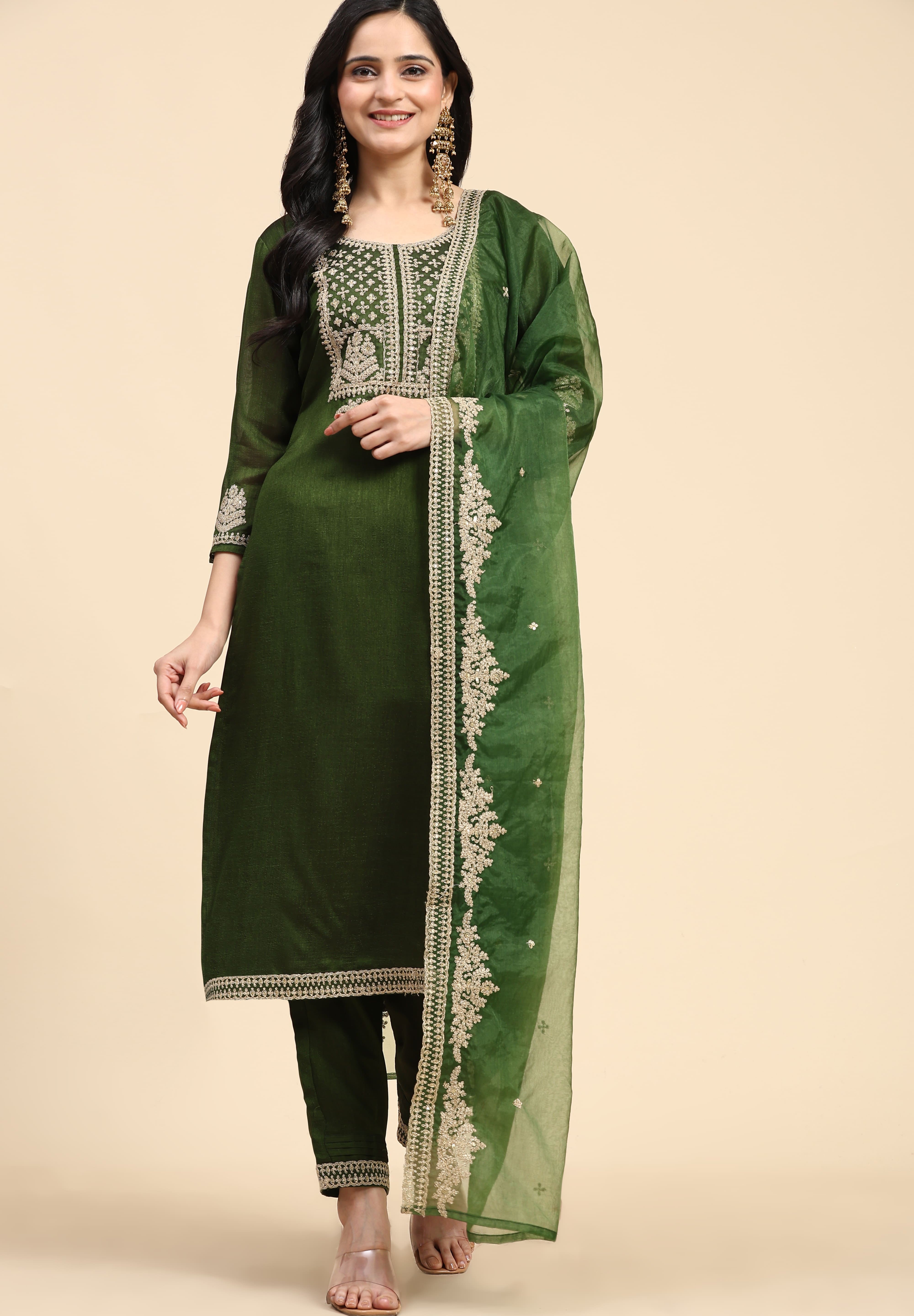 Green Vichitra Silk Embroidery Salwar Suit Set with Dupatta for Women's Trendmallsin