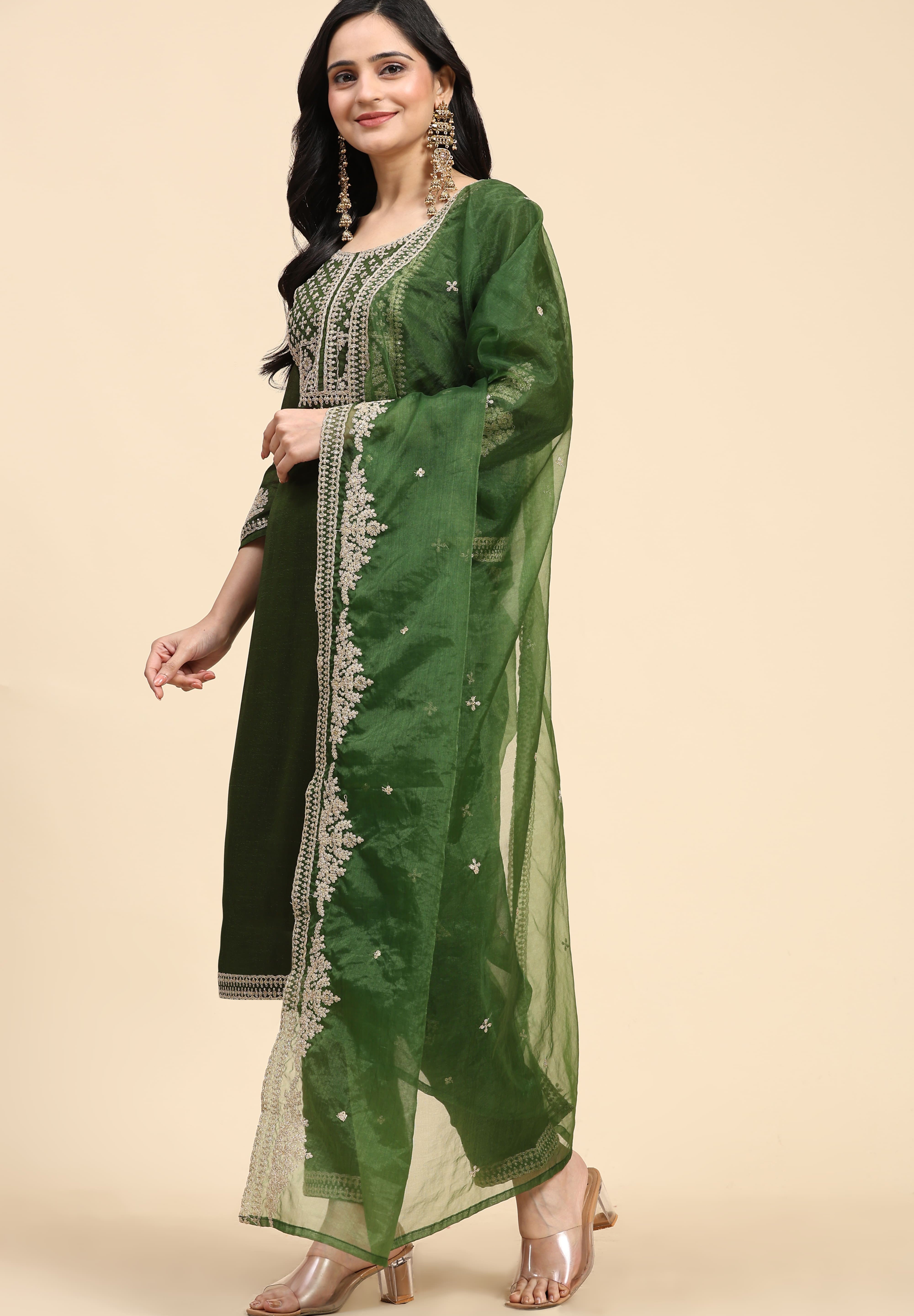 Green Vichitra Silk Embroidery Salwar Suit Set with Dupatta for Women's Trendmallsin