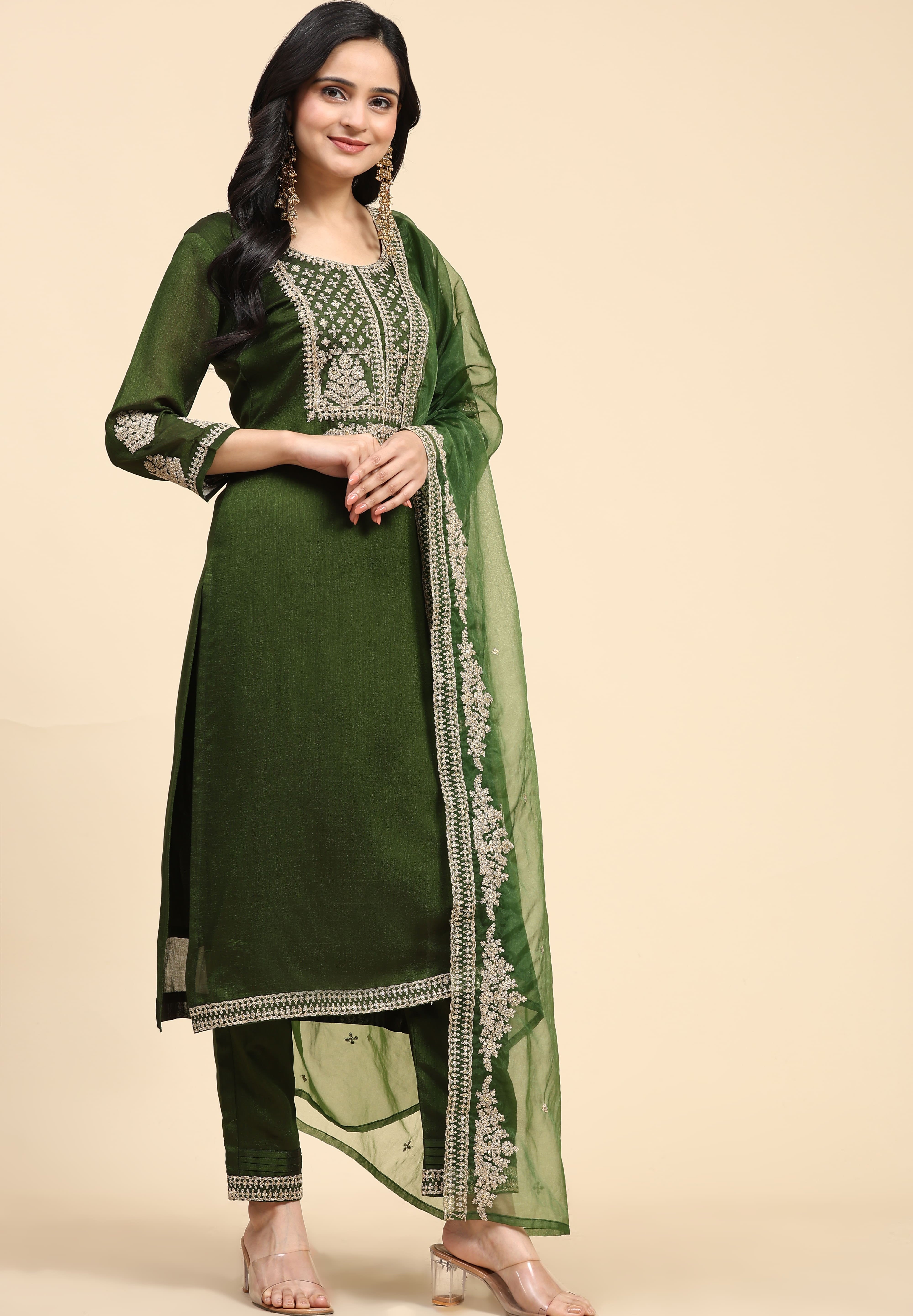 Green Vichitra Silk Embroidery Salwar Suit Set with Dupatta for Women's Trendmallsin