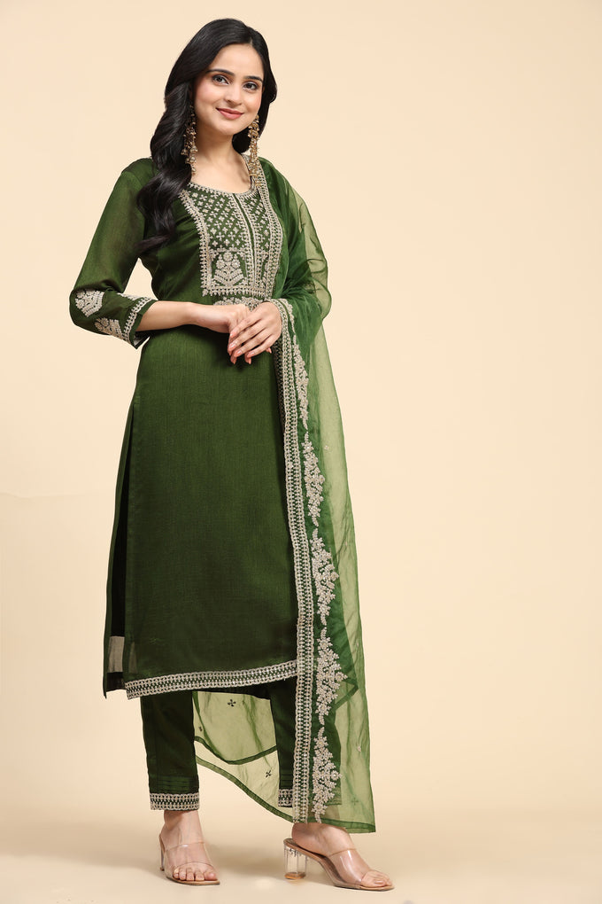 Green Vichitra Silk Embroidery Salwar Suit Set with Dupatta for Women's Trendmallsin