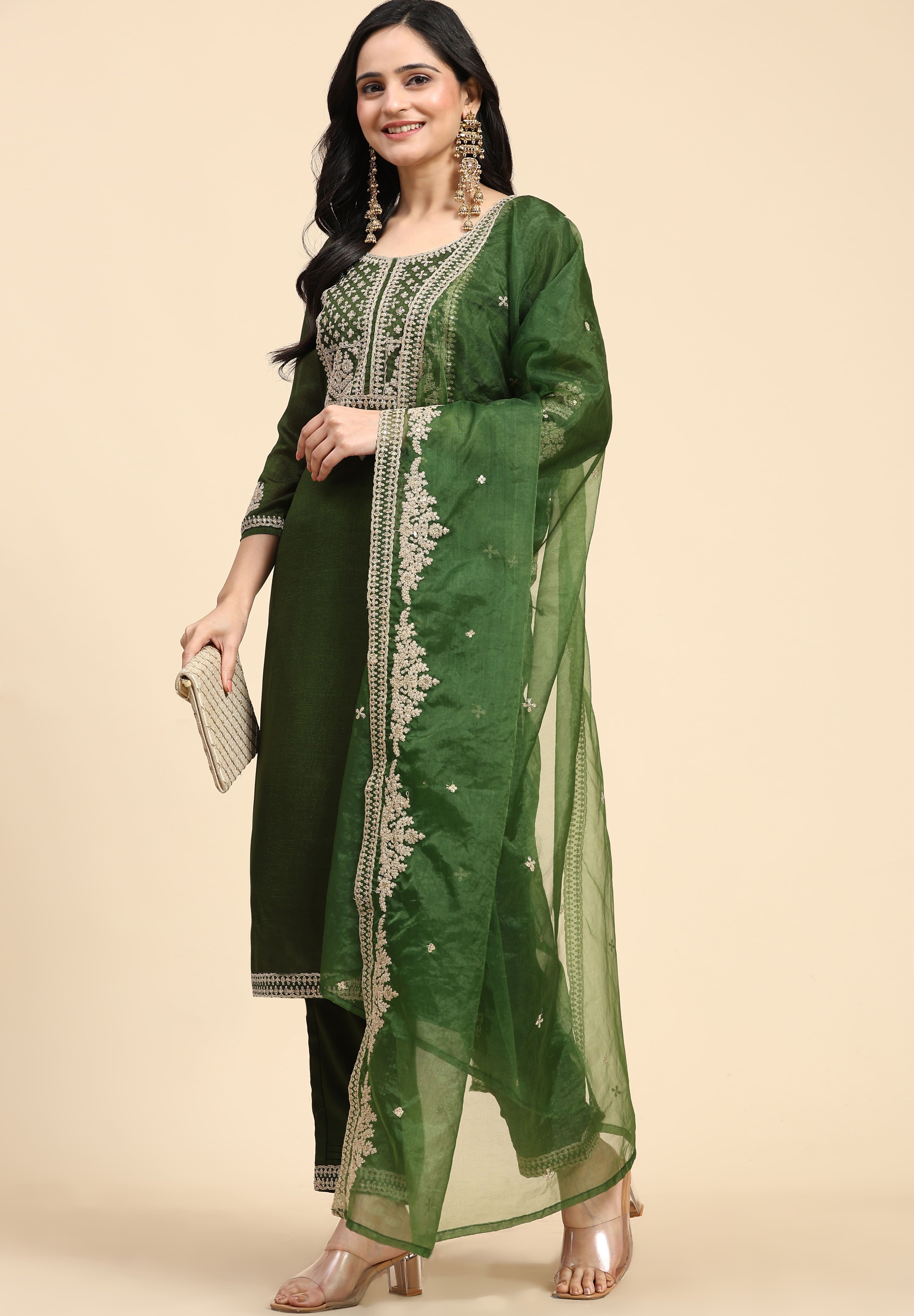 Green Vichitra Silk Embroidery Salwar Suit Set with Dupatta for Women's Trendmallsin
