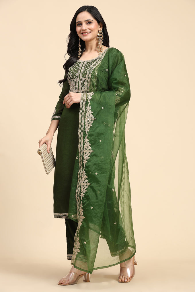 Green Vichitra Silk Embroidery Salwar Suit Set with Dupatta for Women's Trendmallsin