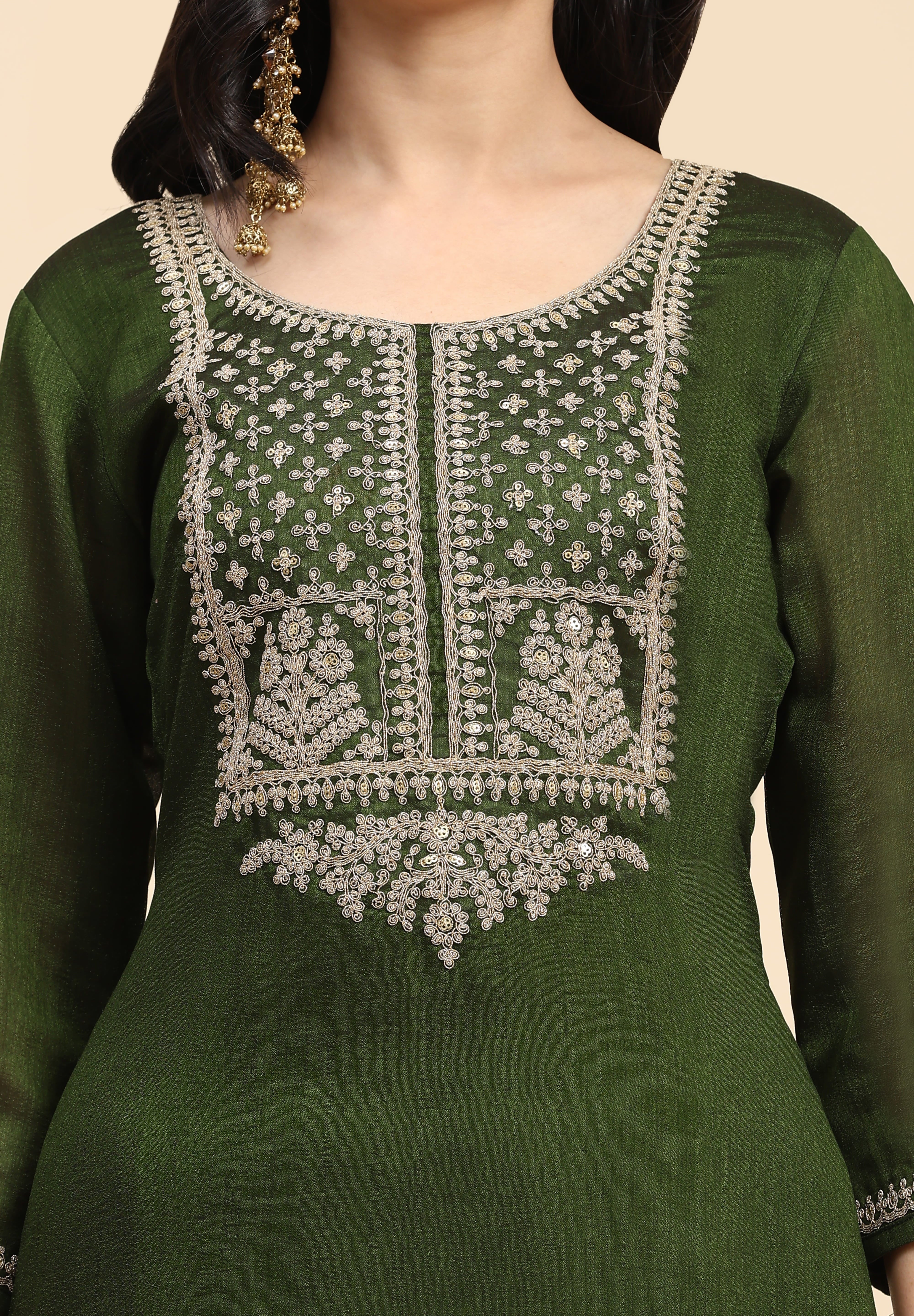 Green Vichitra Silk Embroidery Salwar Suit Set with Dupatta for Women's Trendmallsin