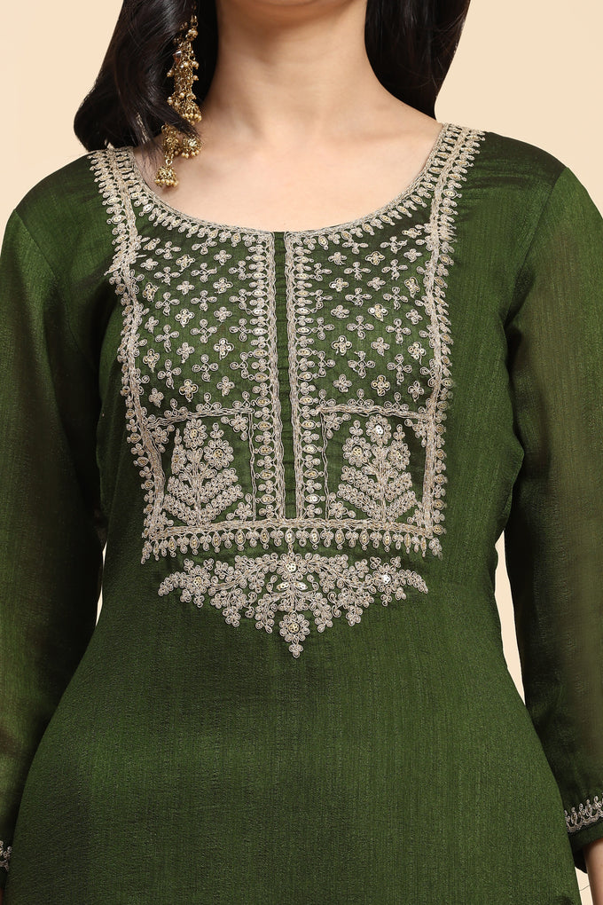 Green Vichitra Silk Embroidery Salwar Suit Set with Dupatta for Women's Trendmallsin
