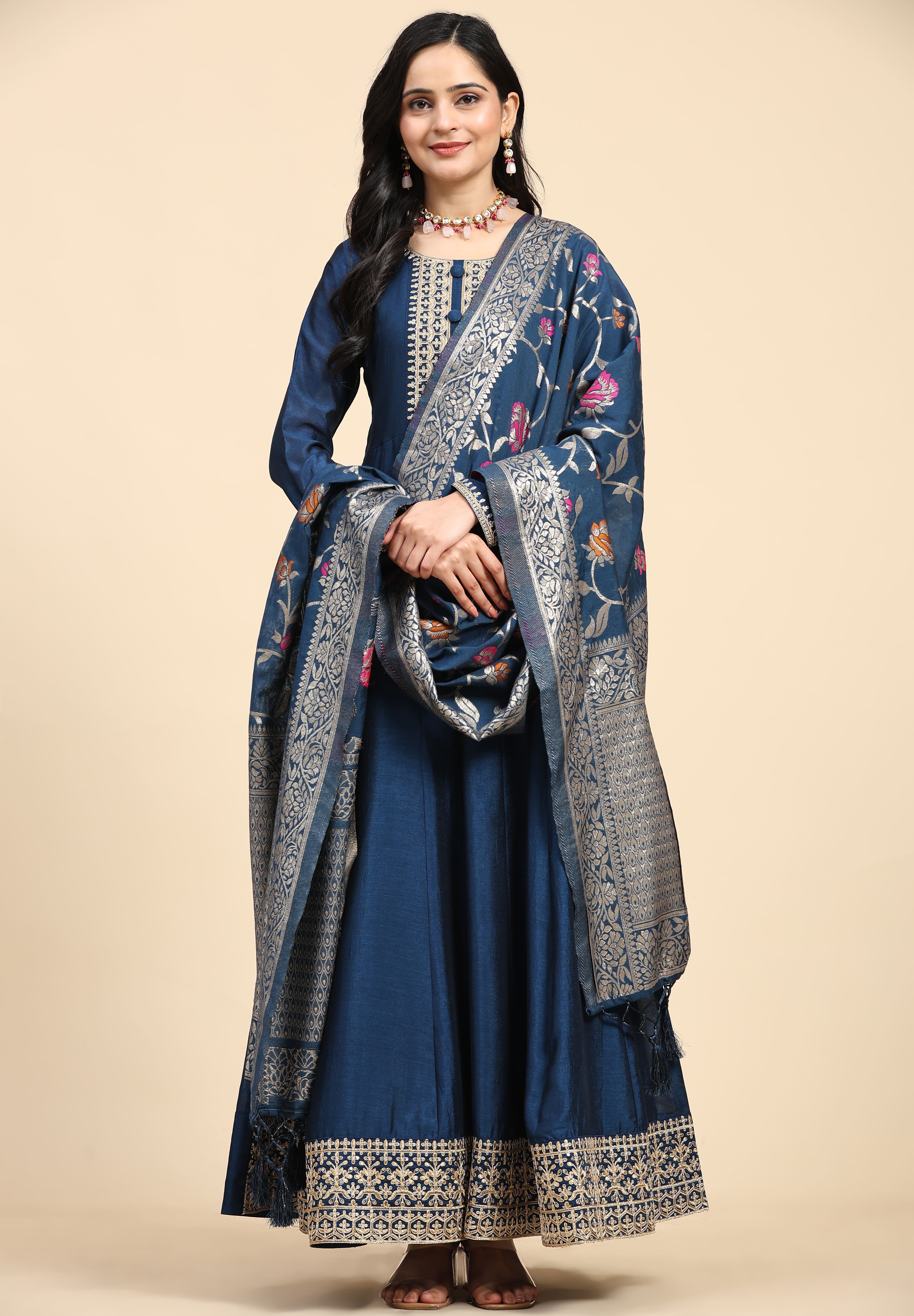 Morpeach Vichitra Silk Anarkali Salwar Suit Set with Jacquard Dupatta for Women's Trendmallsin