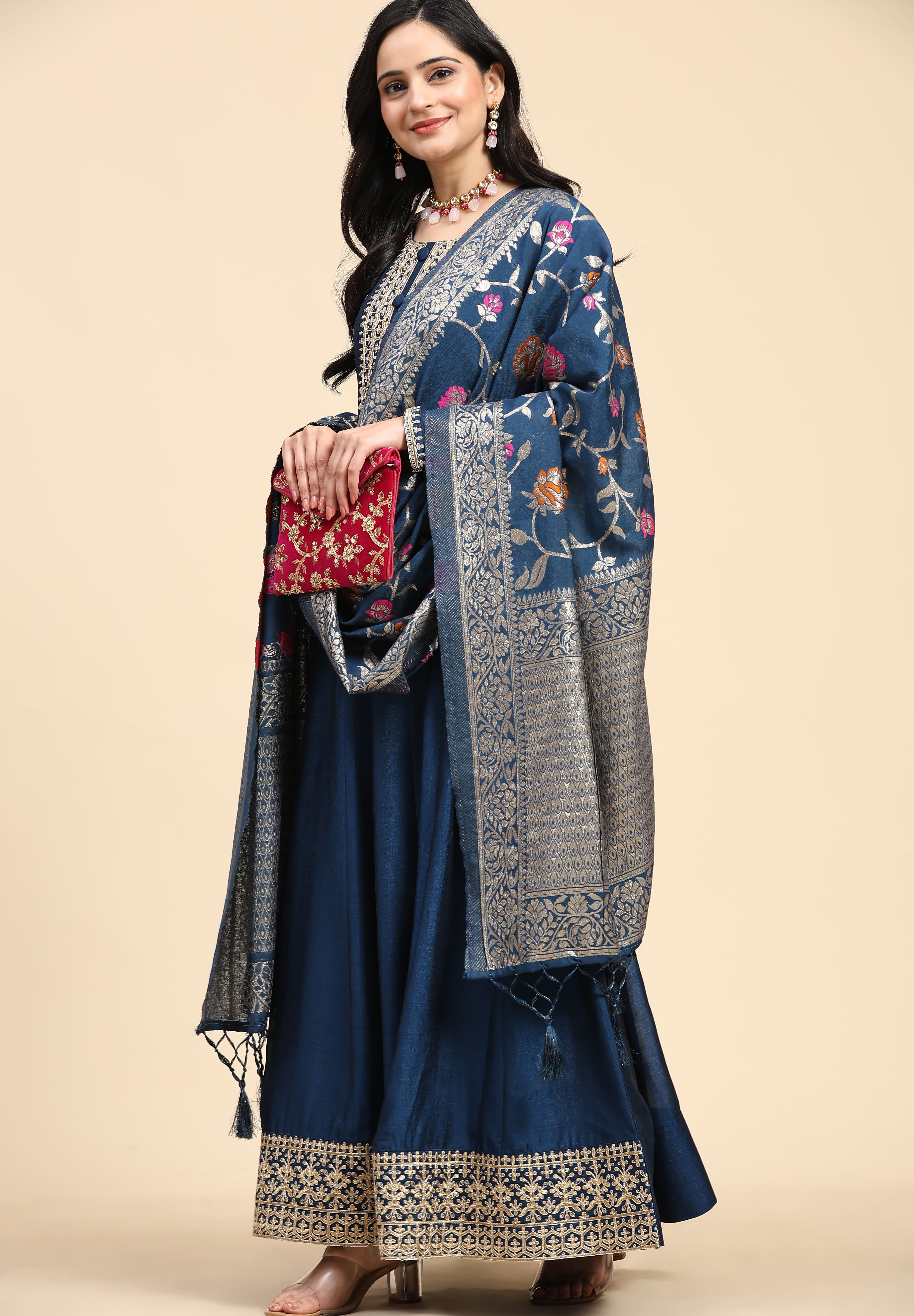 Morpeach Vichitra Silk Anarkali Salwar Suit Set with Jacquard Dupatta for Women's Trendmallsin