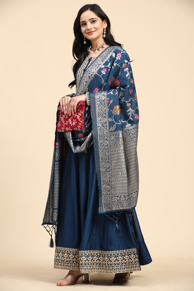 Morpeach Vichitra Silk Anarkali Salwar Suit Set with Jacquard Dupatta for Women's Trendmallsin