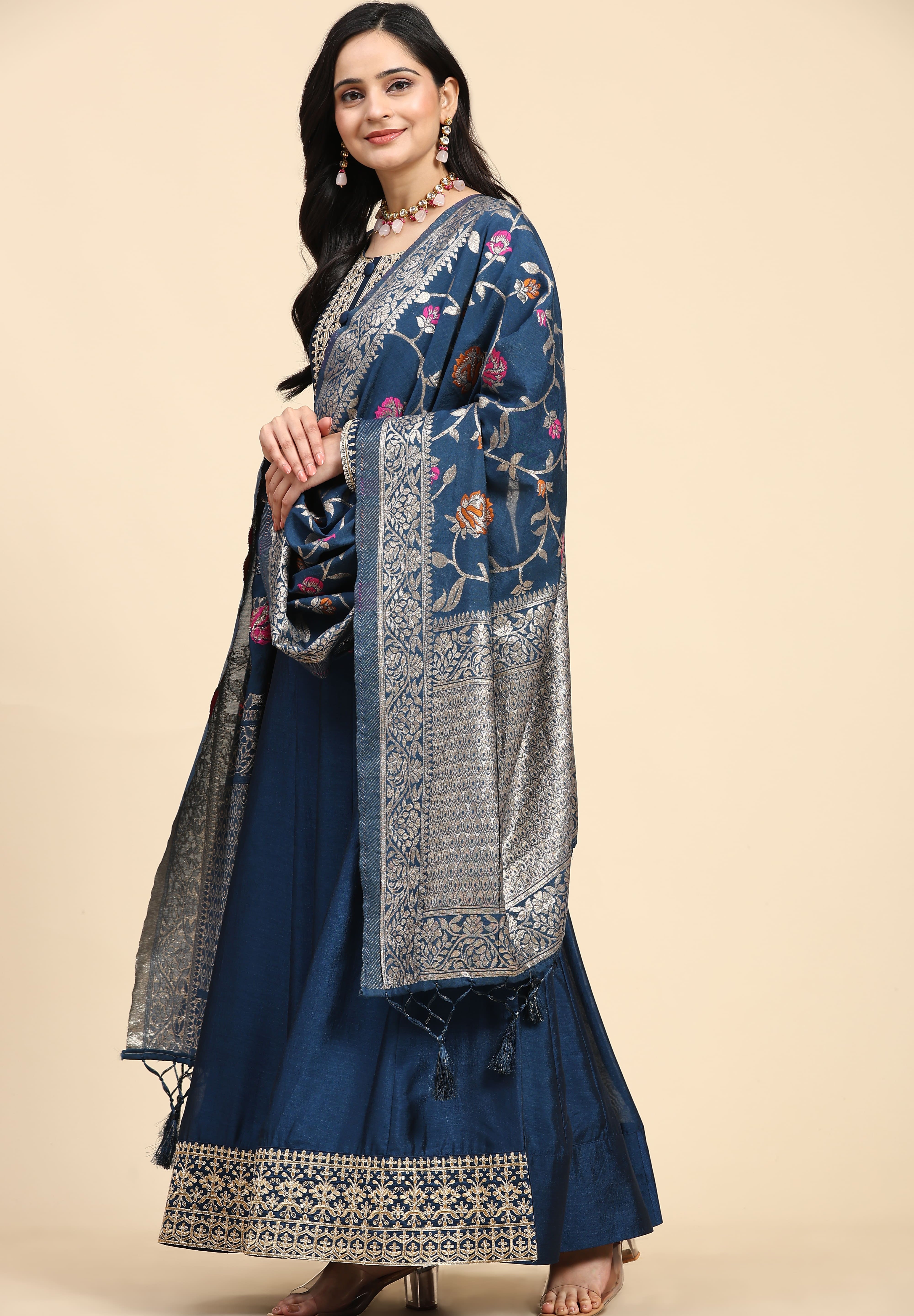 Morpeach Vichitra Silk Anarkali Salwar Suit Set with Jacquard Dupatta for Women's Trendmallsin