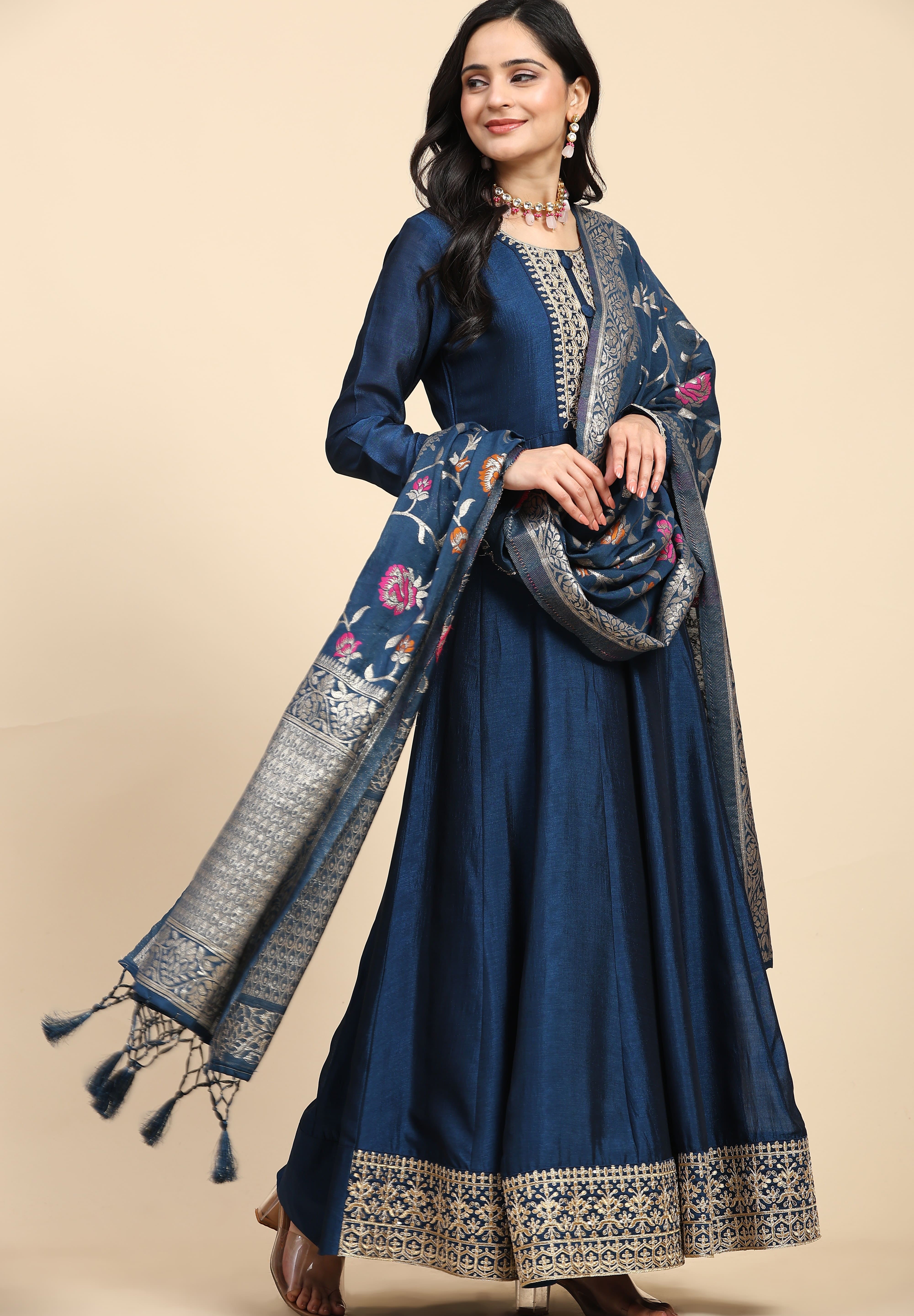 Morpeach Vichitra Silk Anarkali Salwar Suit Set with Jacquard Dupatta for Women's Trendmallsin