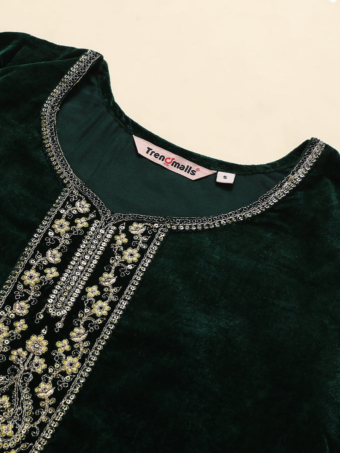 Green Velvet Embroidery Salwar Suit Set with Dupatta For Women's Trendmallsin