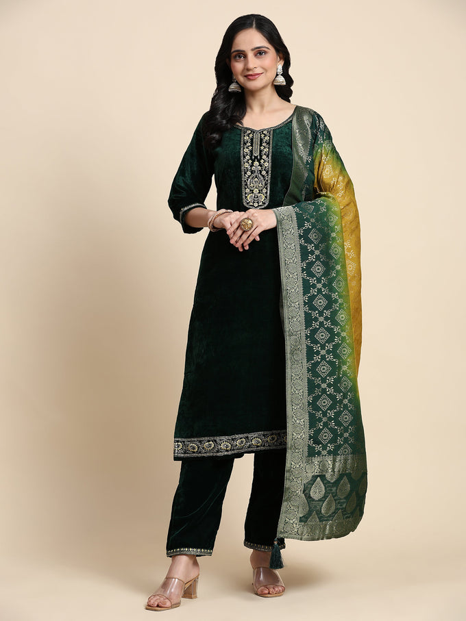 Green Velvet Embroidery Salwar Suit Set with Dupatta For Women's Trendmallsin