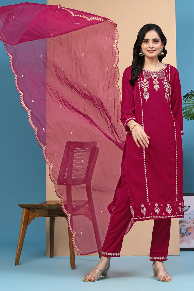 Pink Velvet Embroidery Salwar Suit Set with Dupatta For Women's Trendmallsin