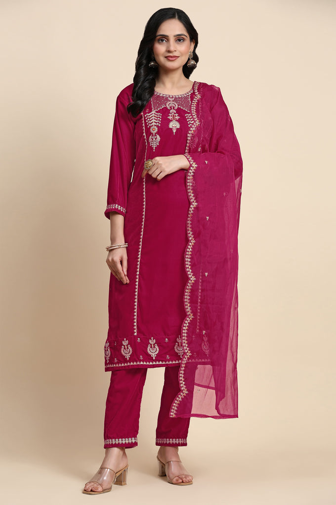 Pink Velvet Embroidery Salwar Suit Set with Dupatta For Women's Trendmallsin