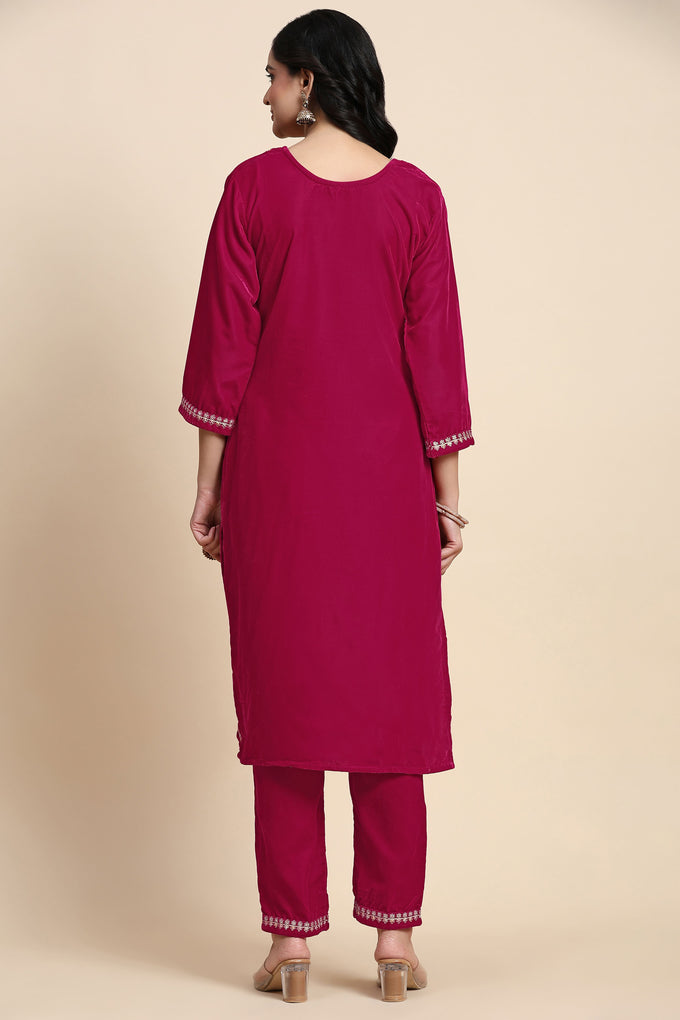 Pink Velvet Embroidery Salwar Suit Set with Dupatta For Women's Trendmallsin