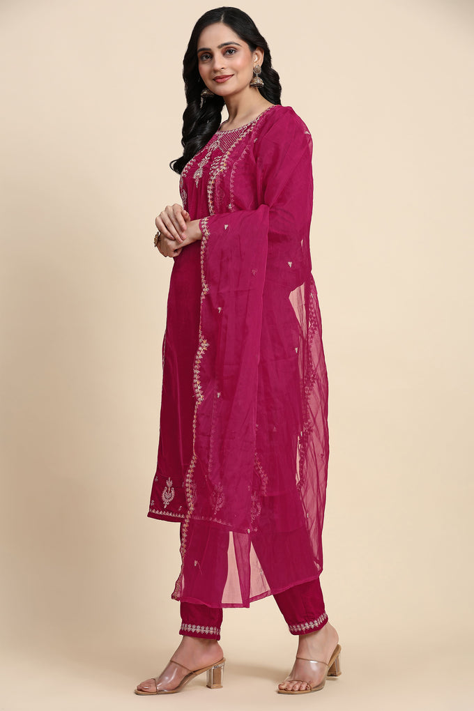 Pink Velvet Embroidery Salwar Suit Set with Dupatta For Women's Trendmallsin