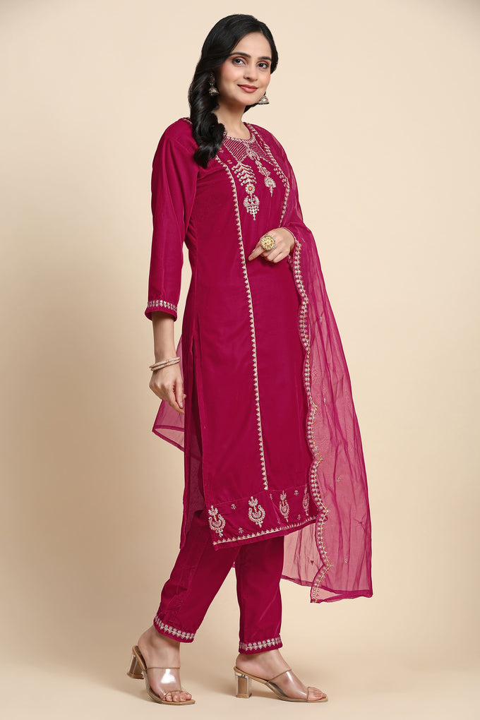 Pink Velvet Embroidery Salwar Suit Set with Dupatta For Women's Trendmallsin