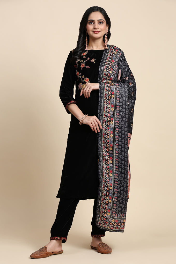 Black Velvet Embroidery Salwar Suit Set with Dupatta For Women's Trendmallsin