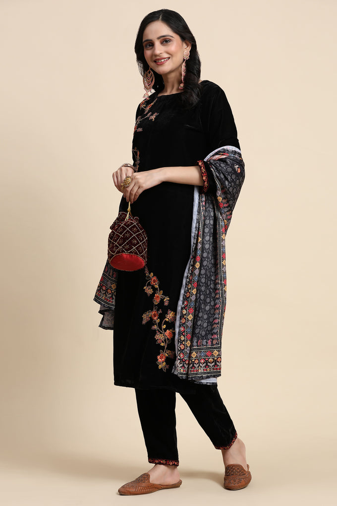 Black Velvet Embroidery Salwar Suit Set with Dupatta For Women's Trendmallsin
