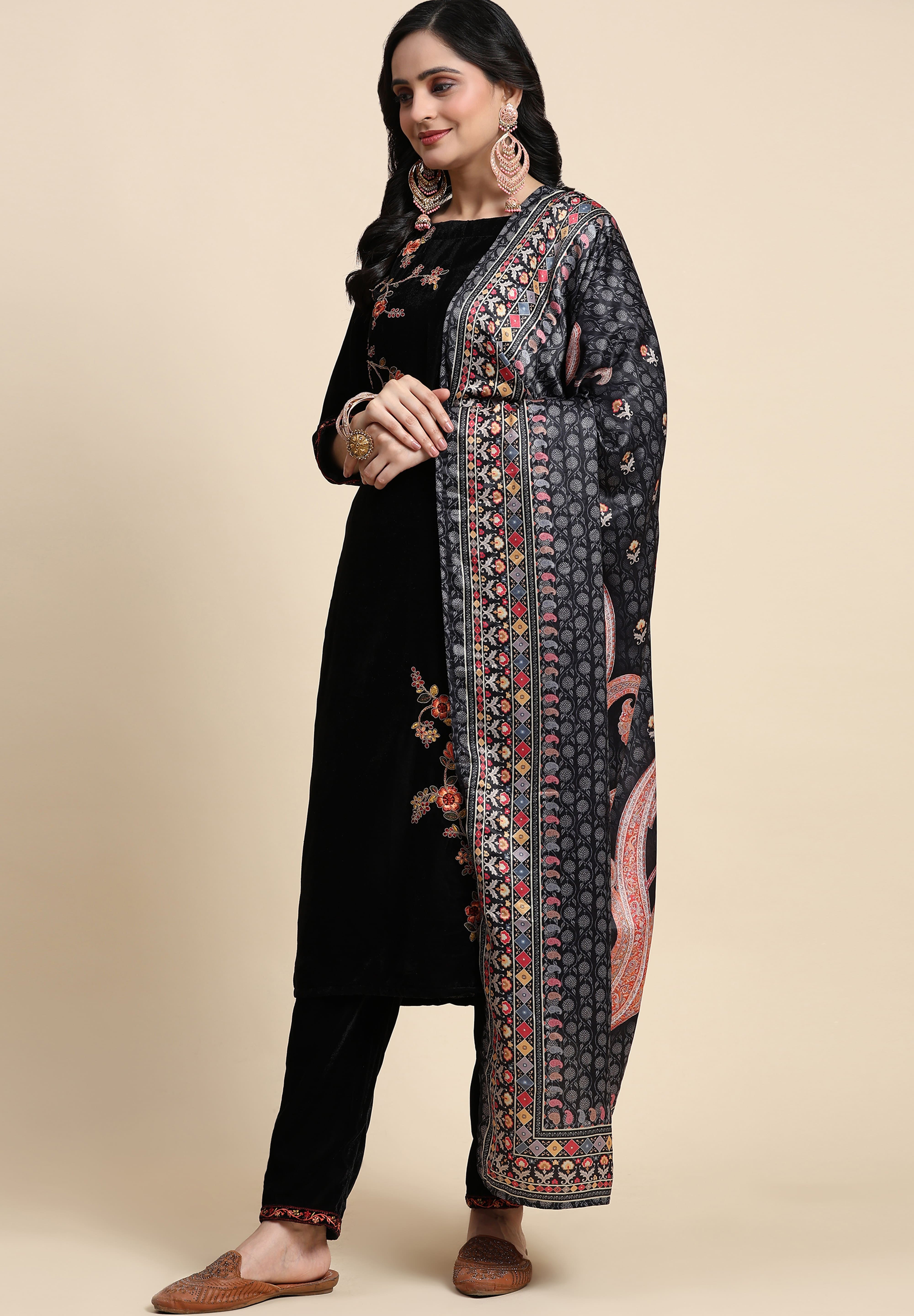 Black Velvet Embroidery Salwar Suit Set with Dupatta For Women's Trendmallsin
