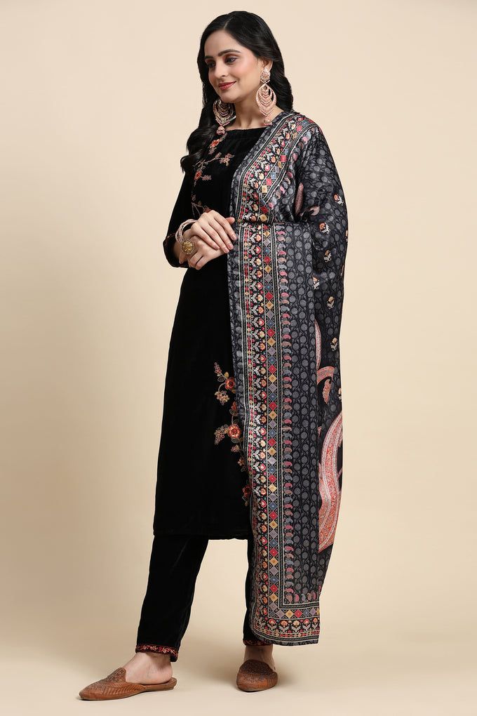 Black Velvet Embroidery Salwar Suit Set with Dupatta For Women's Trendmallsin