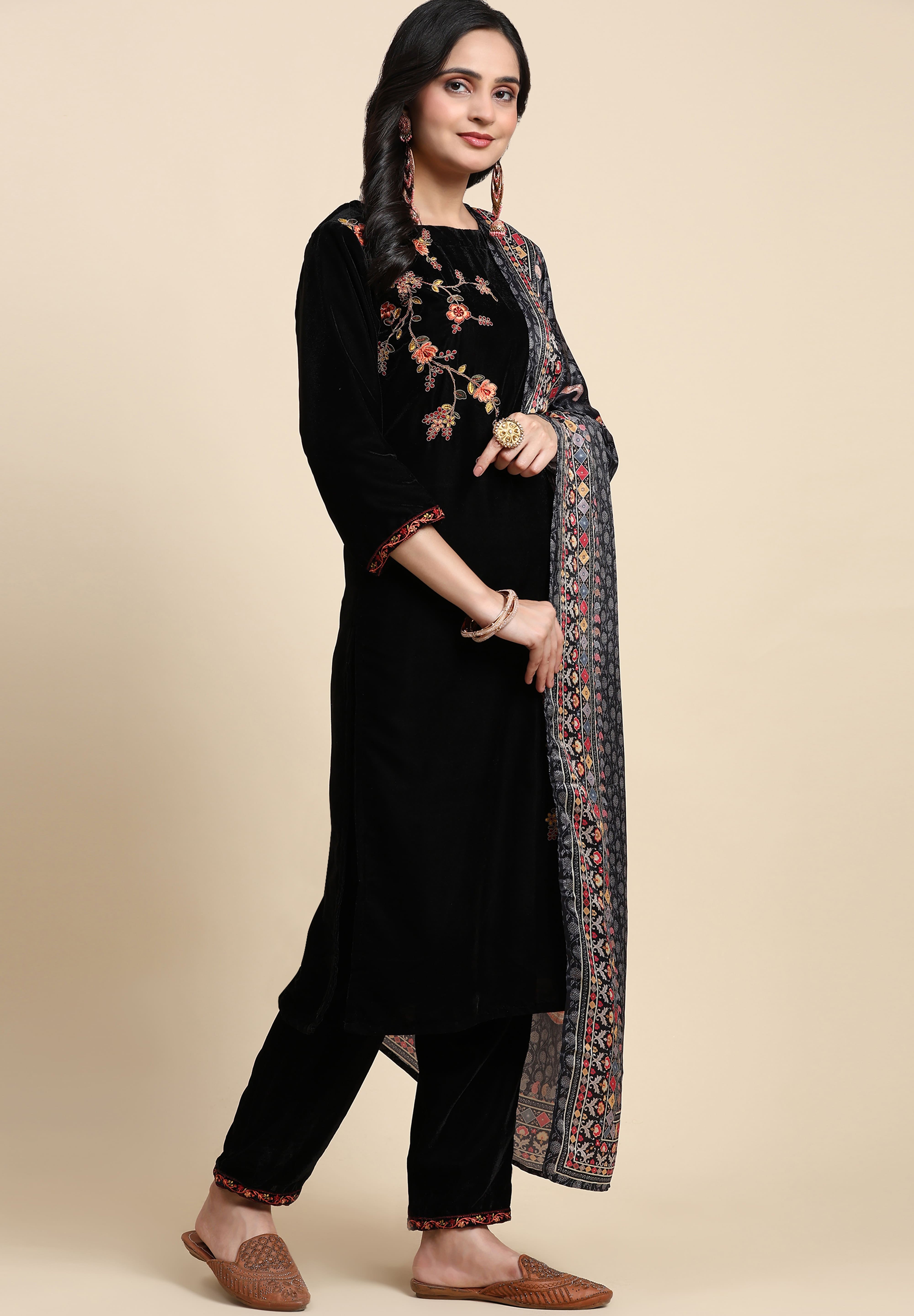 Black Velvet Embroidery Salwar Suit Set with Dupatta For Women's Trendmallsin