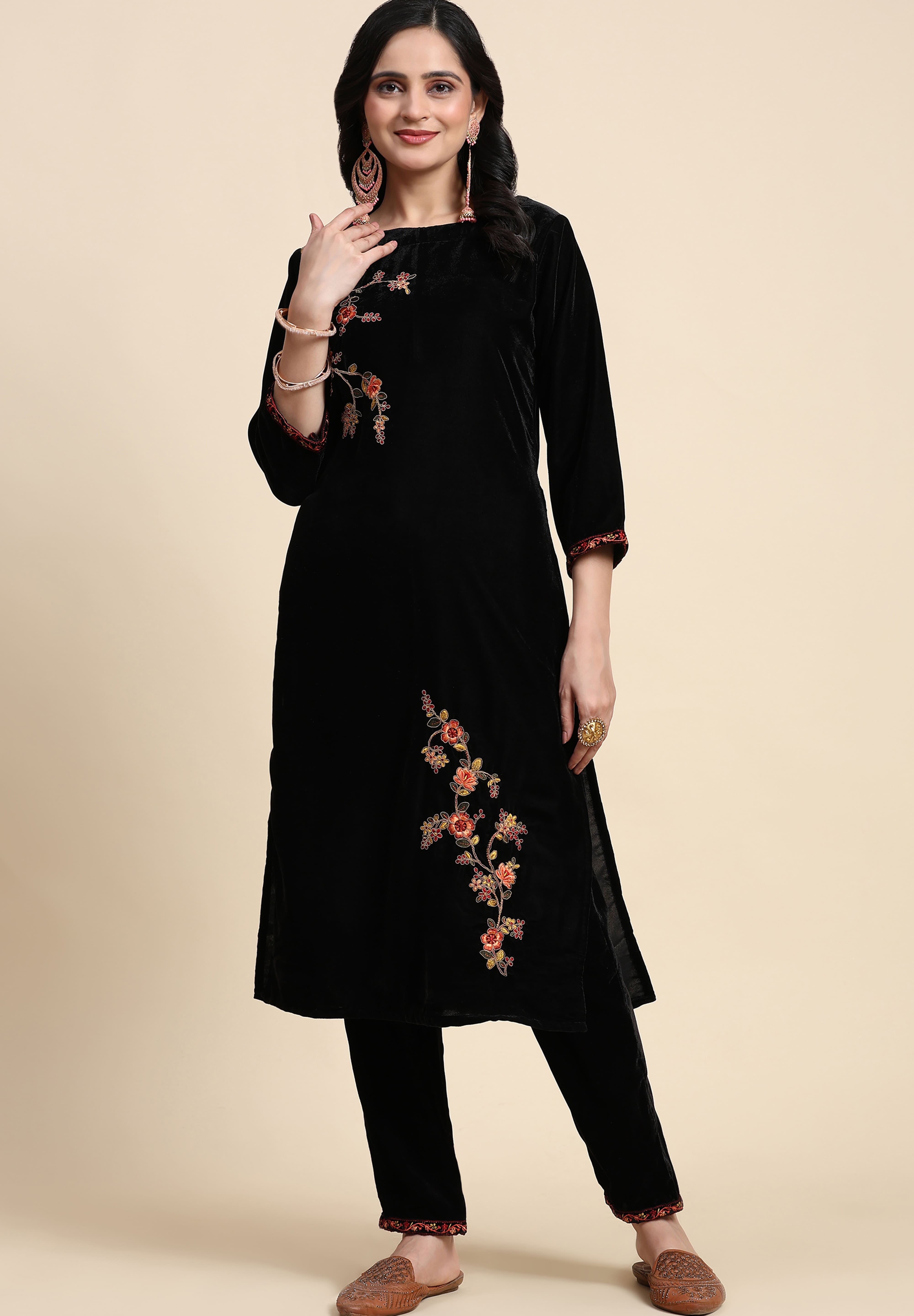 Black Velvet Embroidery Salwar Suit Set with Dupatta For Women's Trendmallsin