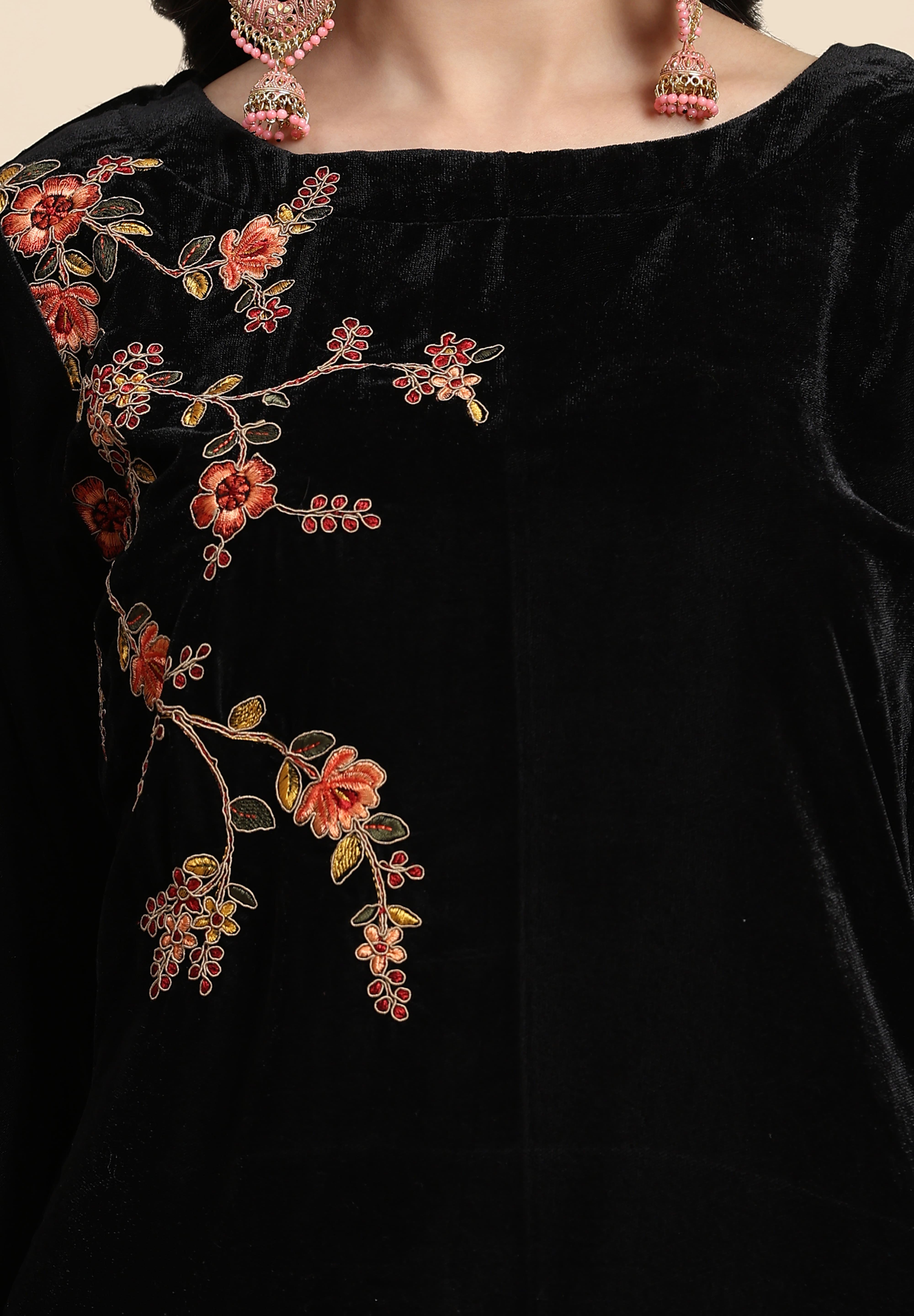 Black Velvet Embroidery Salwar Suit Set with Dupatta For Women's Trendmallsin