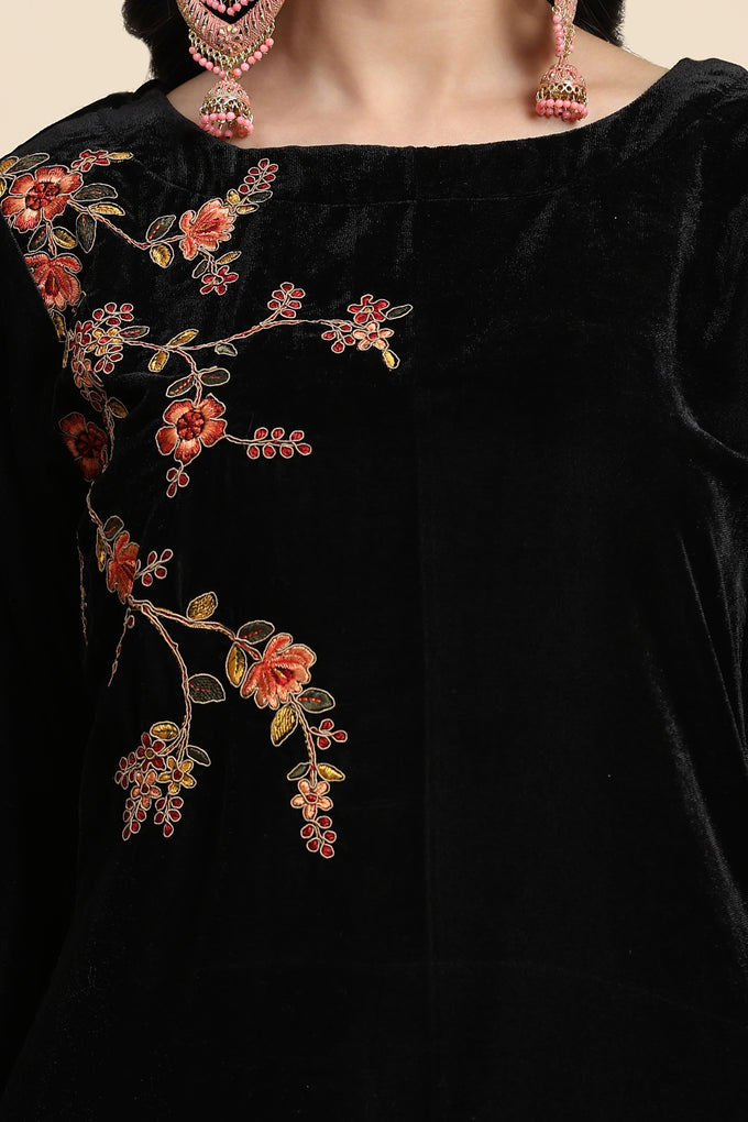 Black Velvet Embroidery Salwar Suit Set with Dupatta For Women's Trendmallsin