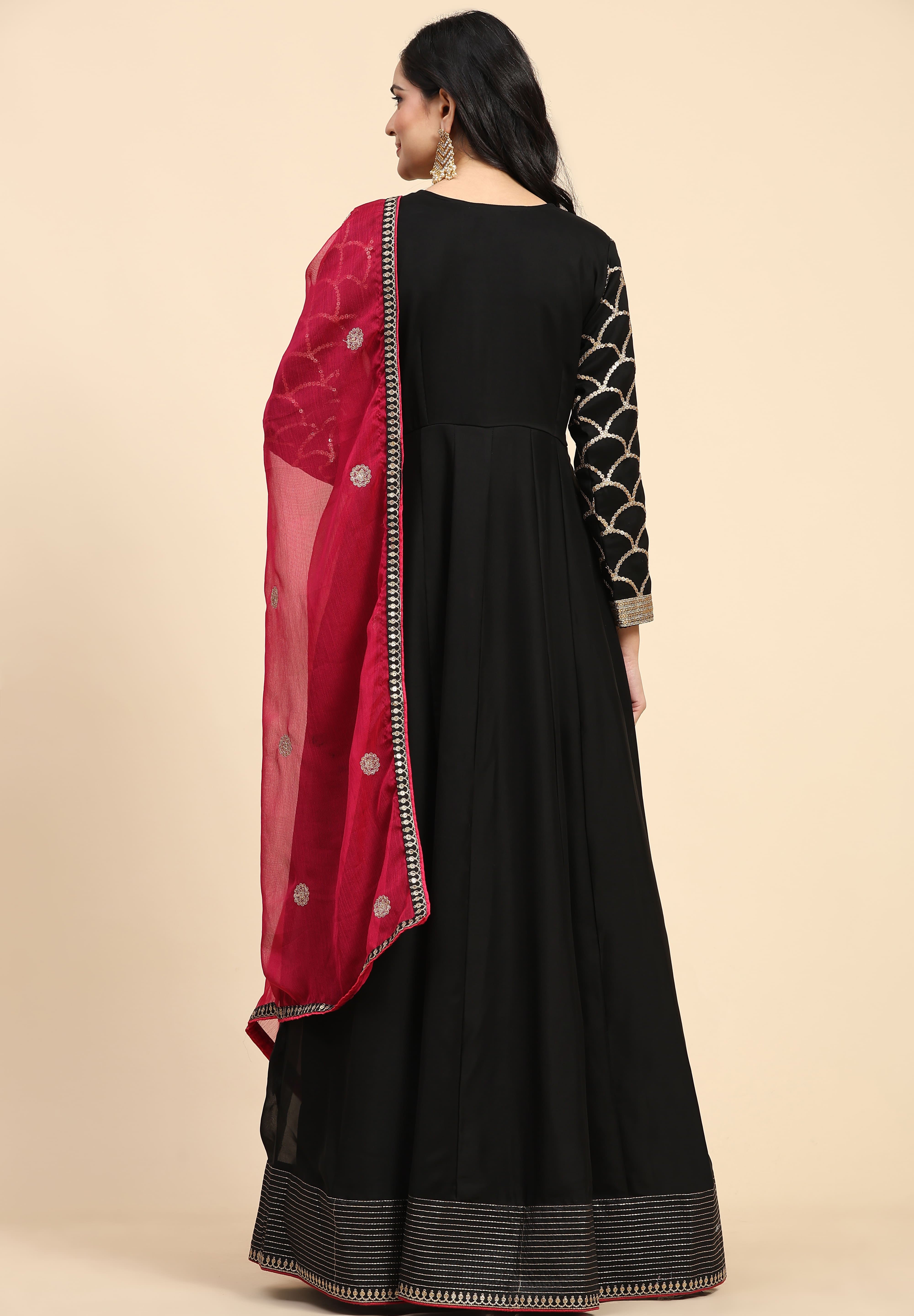 Black Rangoli Silk Embroidery Anarkali  Salwar Suit with Pink Dupatta for Women's Trendmallsin